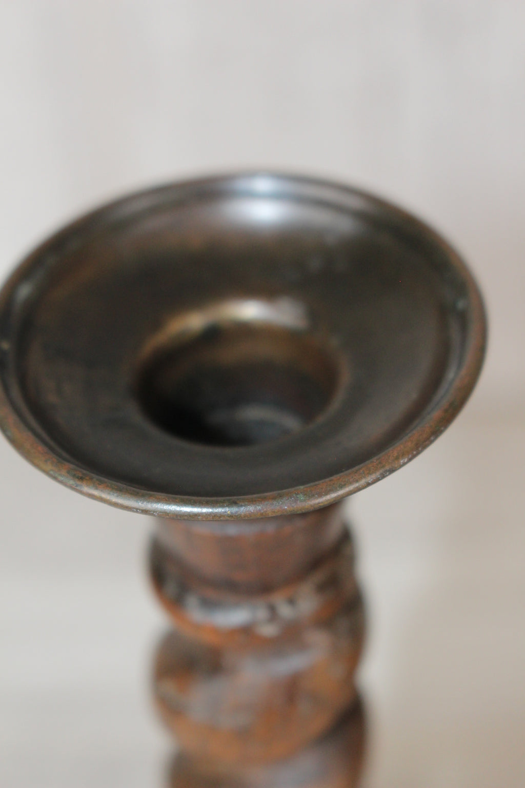 Antique Pair English Oak Barley Twist Candlesticks Hand Turned 8.5" Brass Tops