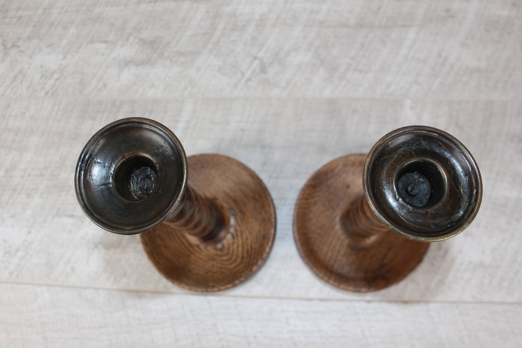 Antique Pair English Oak Barley Twist Candlesticks Hand Turned 8.5" Brass Tops