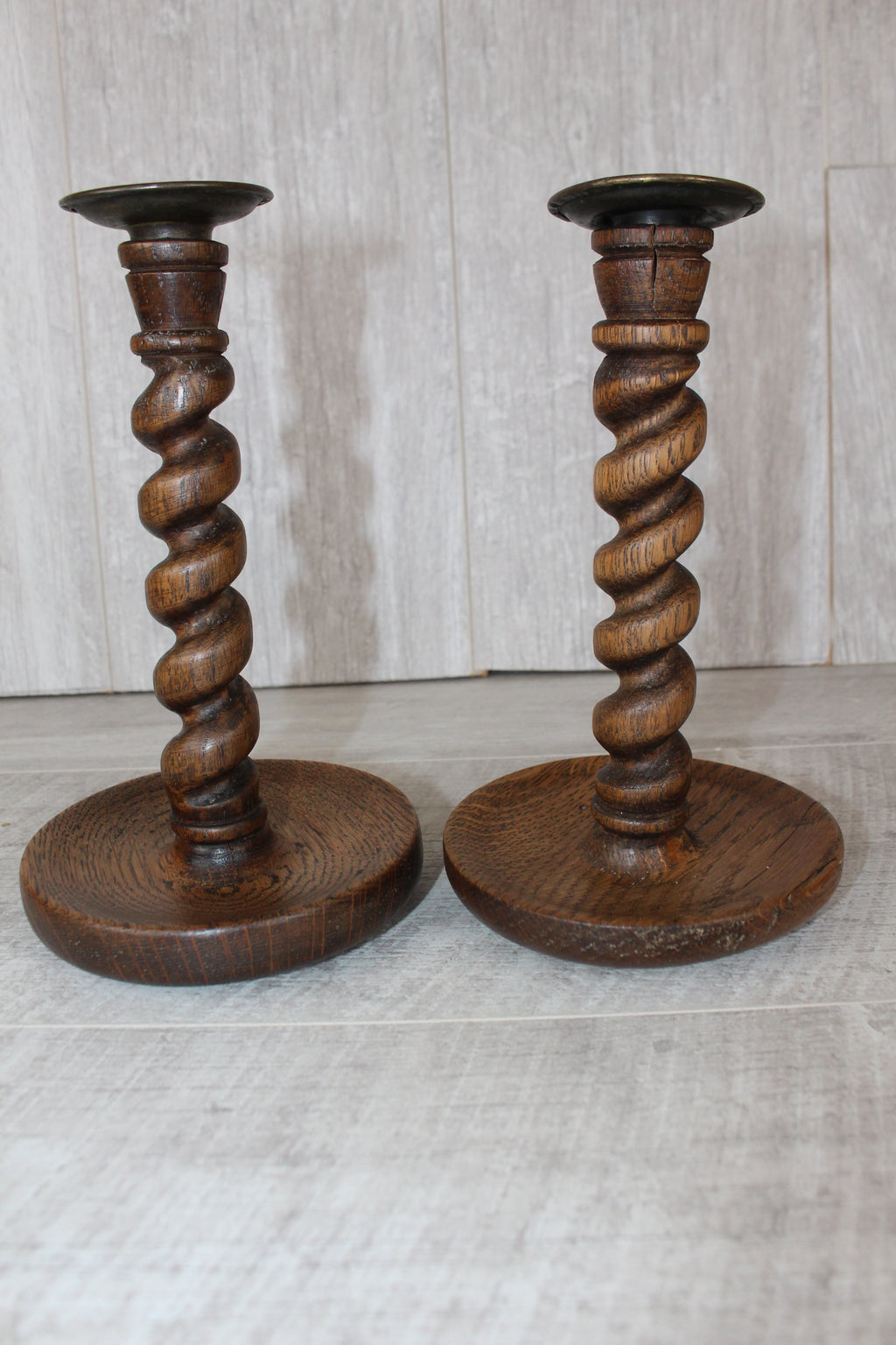 Antique Pair English Oak Barley Twist Candlesticks Hand Turned 8.5" Brass Tops