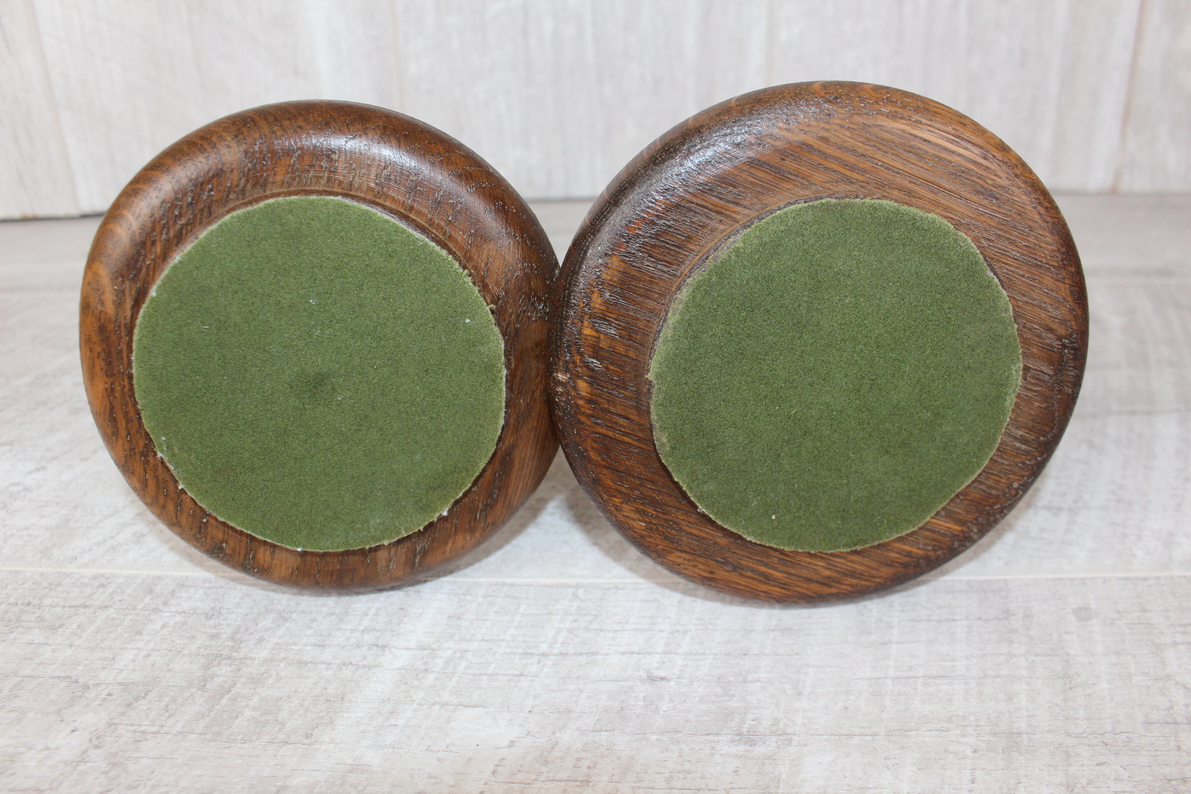 Antique Pair English Oak Barley Twist Candlesticks Hand Turned 8.5" Brass Tops