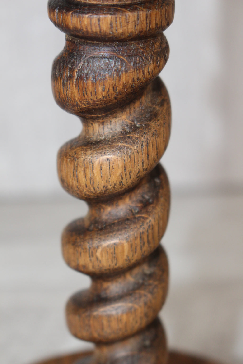 Antique Pair English Oak Barley Twist Candlesticks Hand Turned 8.5" Brass Tops