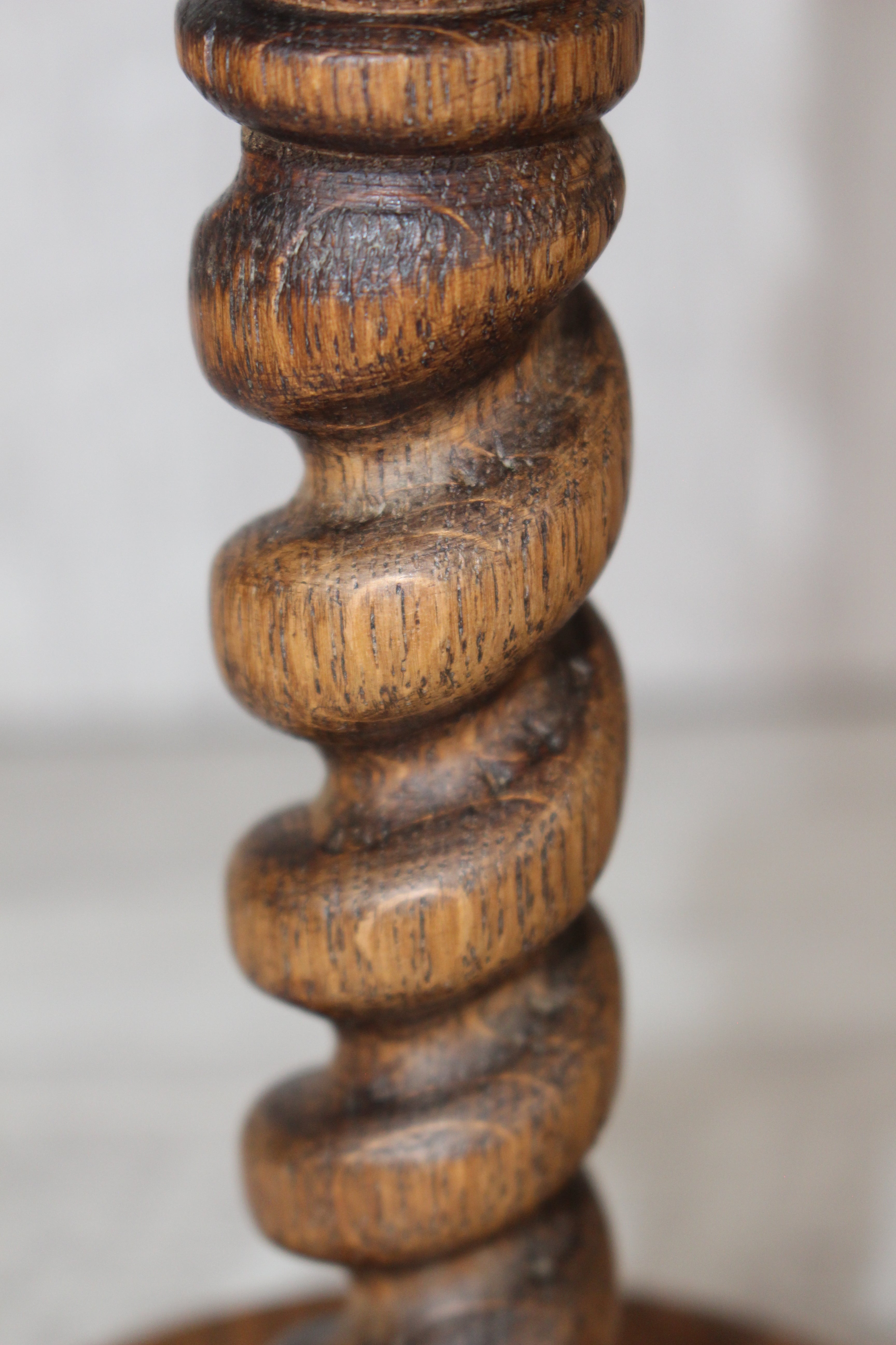 Antique Pair English Oak Barley Twist Candlesticks Hand Turned 8.5" Brass Tops