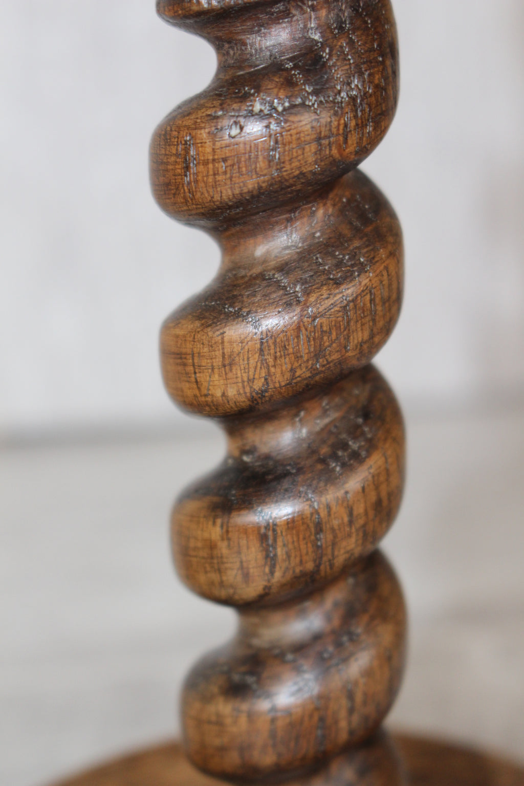 Antique Pair English Oak Barley Twist Candlesticks Hand Turned 8.5" Brass Tops