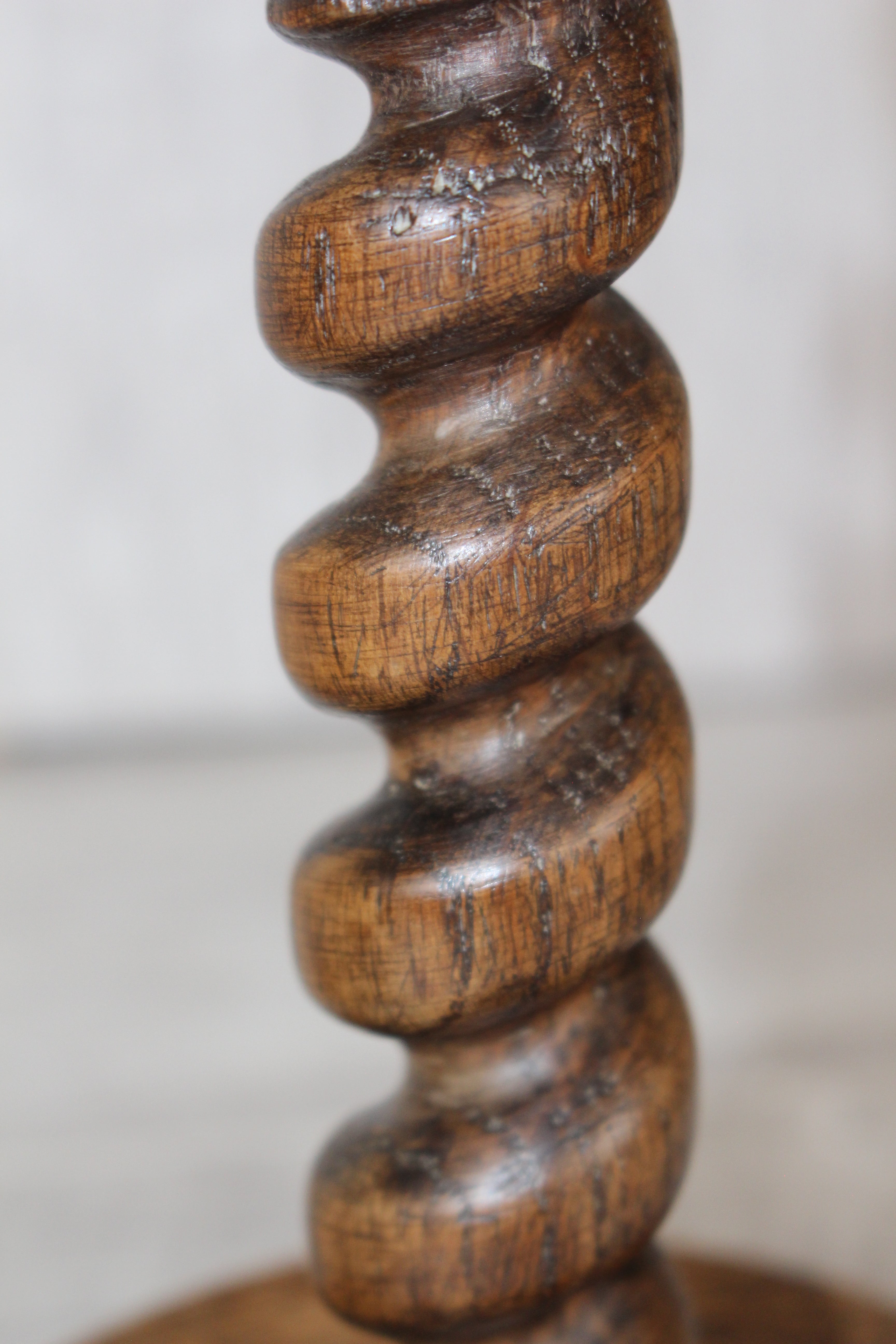 Antique Pair English Oak Barley Twist Candlesticks Hand Turned 8.5" Brass Tops