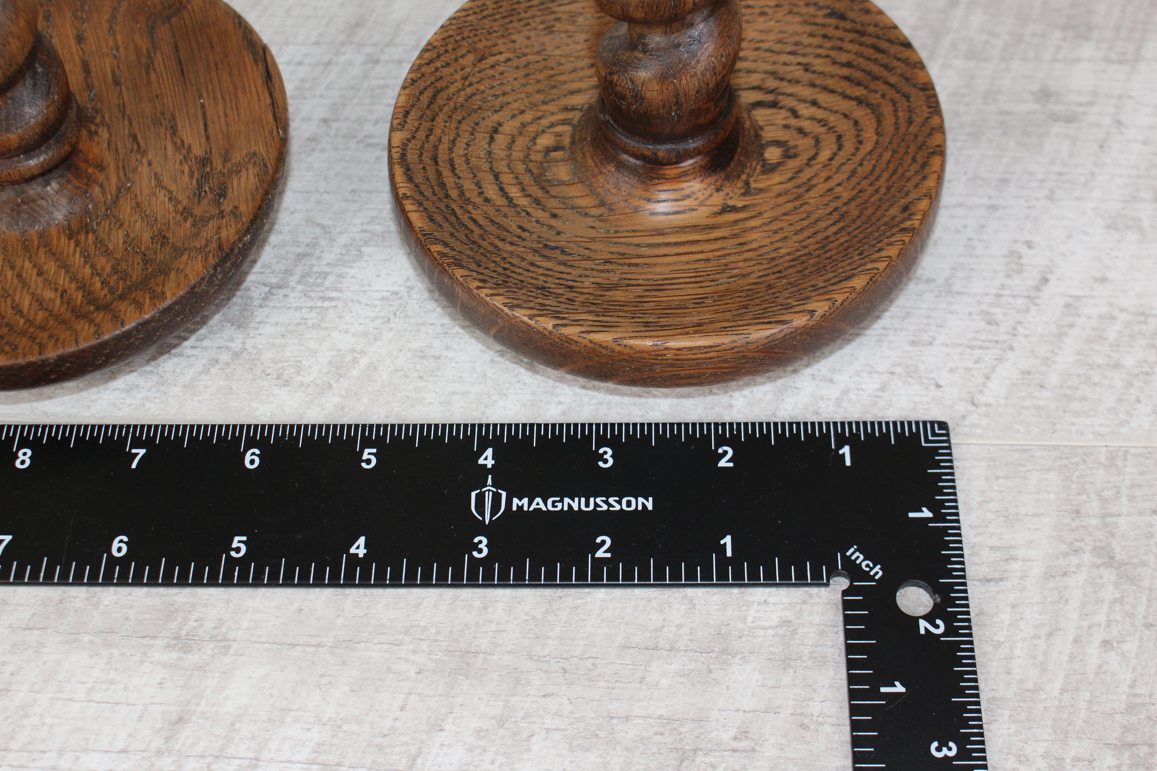 Antique Pair English Oak Barley Twist Candlesticks Hand Turned 8.5" Brass Tops