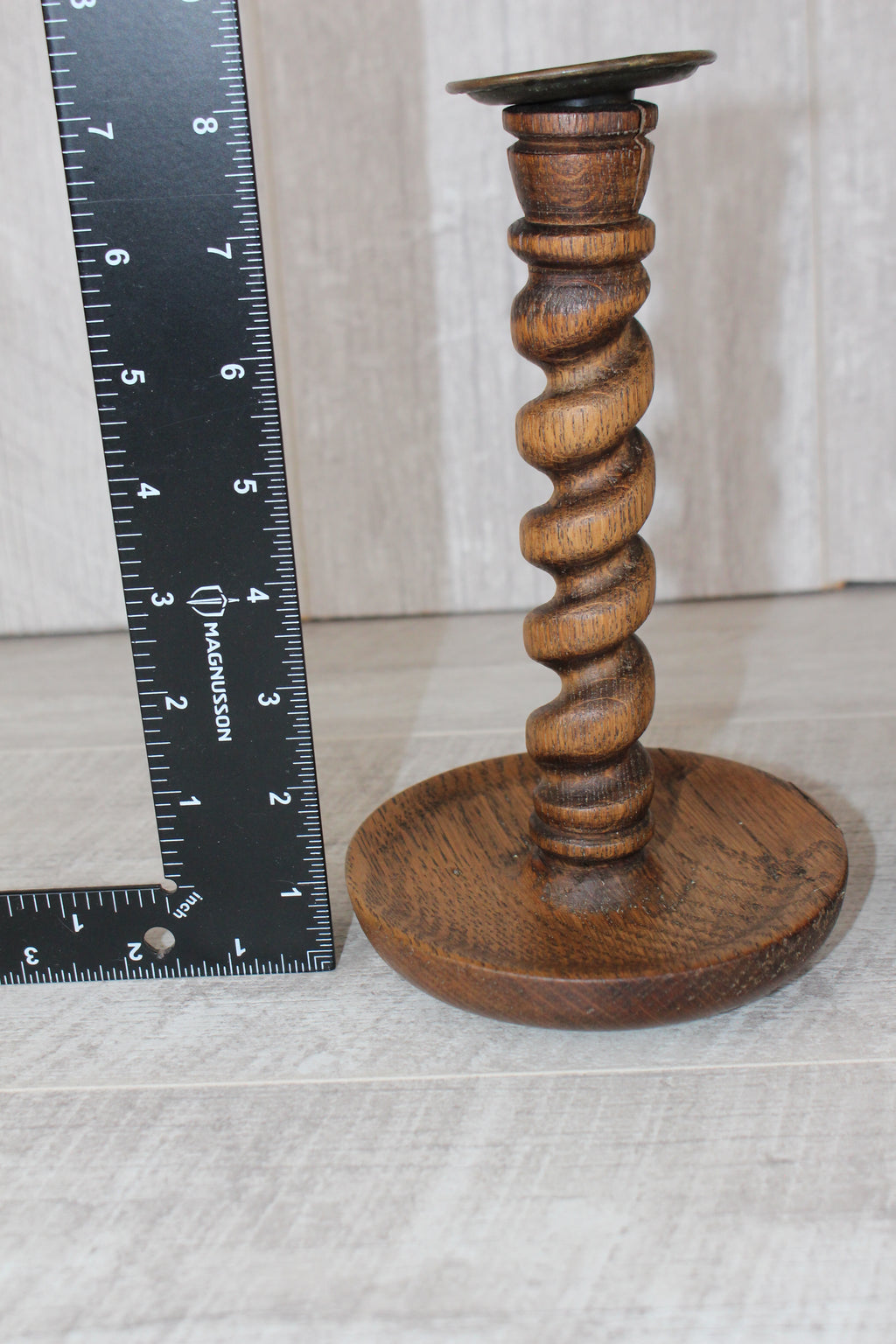 Antique Pair English Oak Barley Twist Candlesticks Hand Turned 8.5" Brass Tops