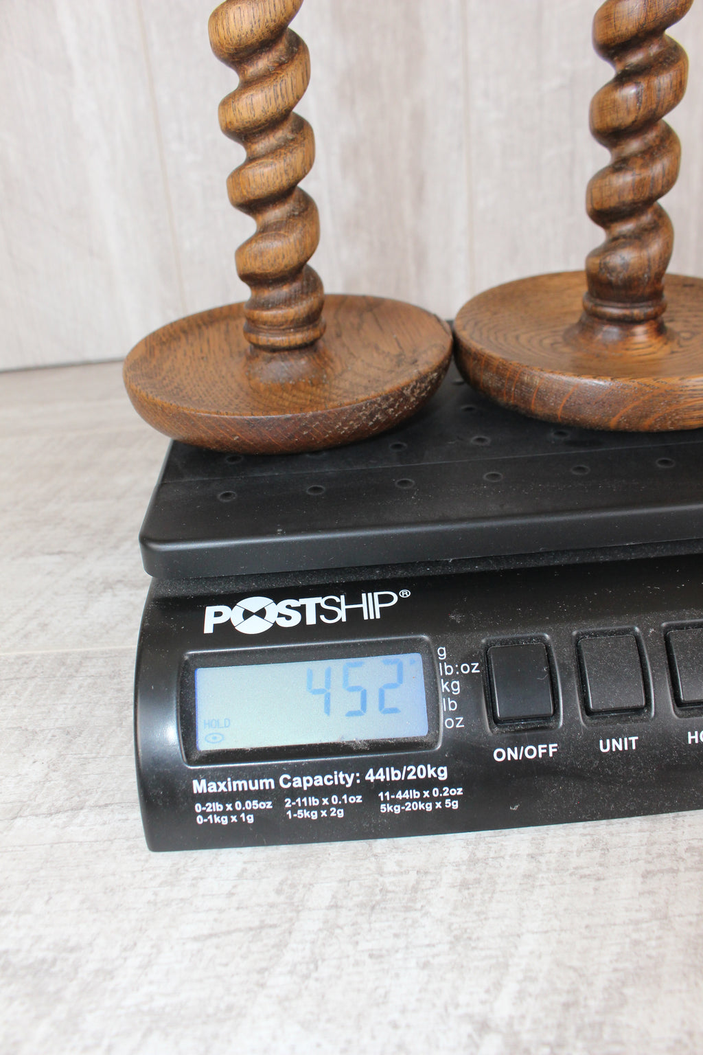 Antique Pair English Oak Barley Twist Candlesticks Hand Turned 8.5" Brass Tops