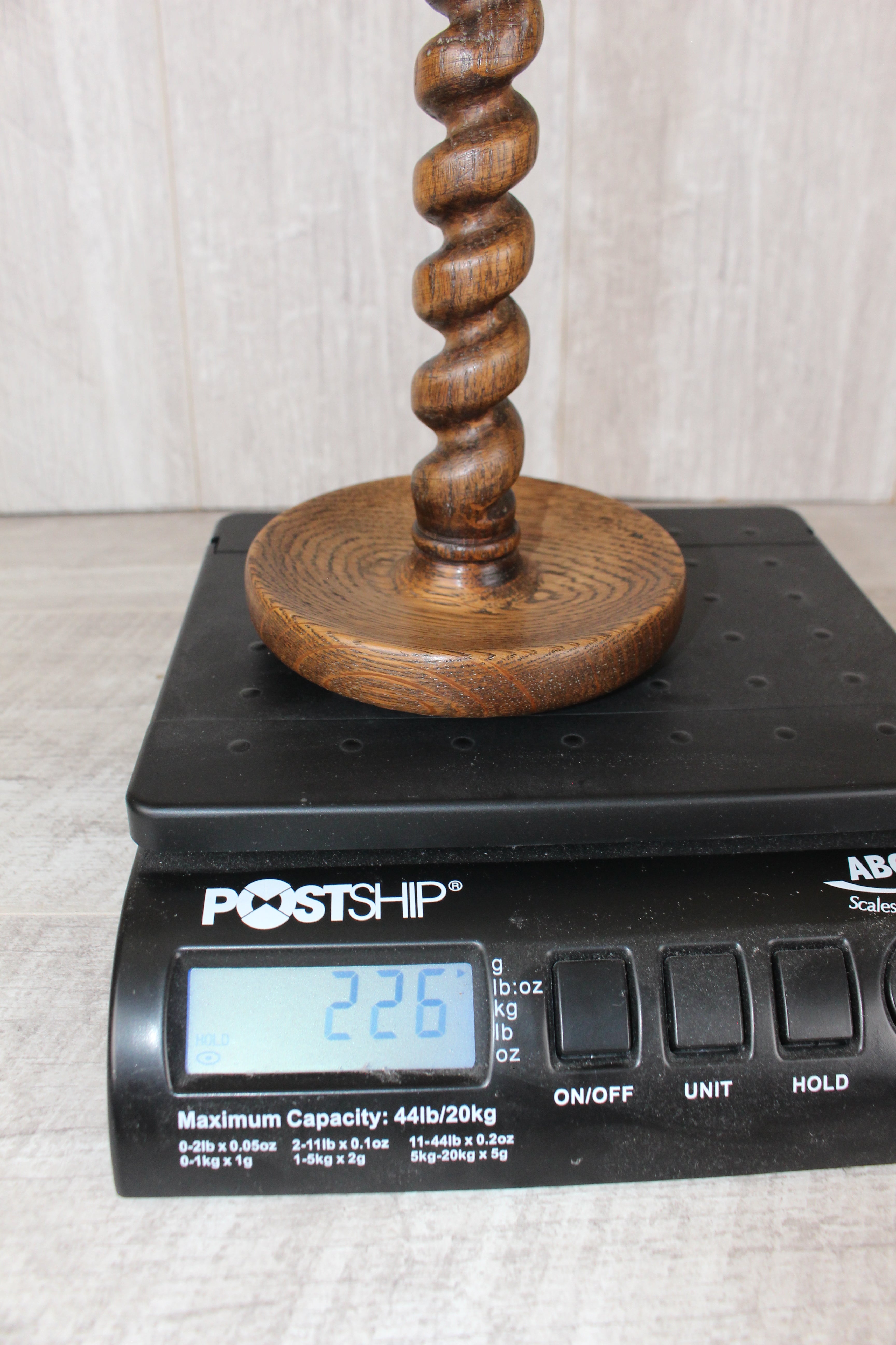 Antique Pair English Oak Barley Twist Candlesticks Hand Turned 8.5" Brass Tops
