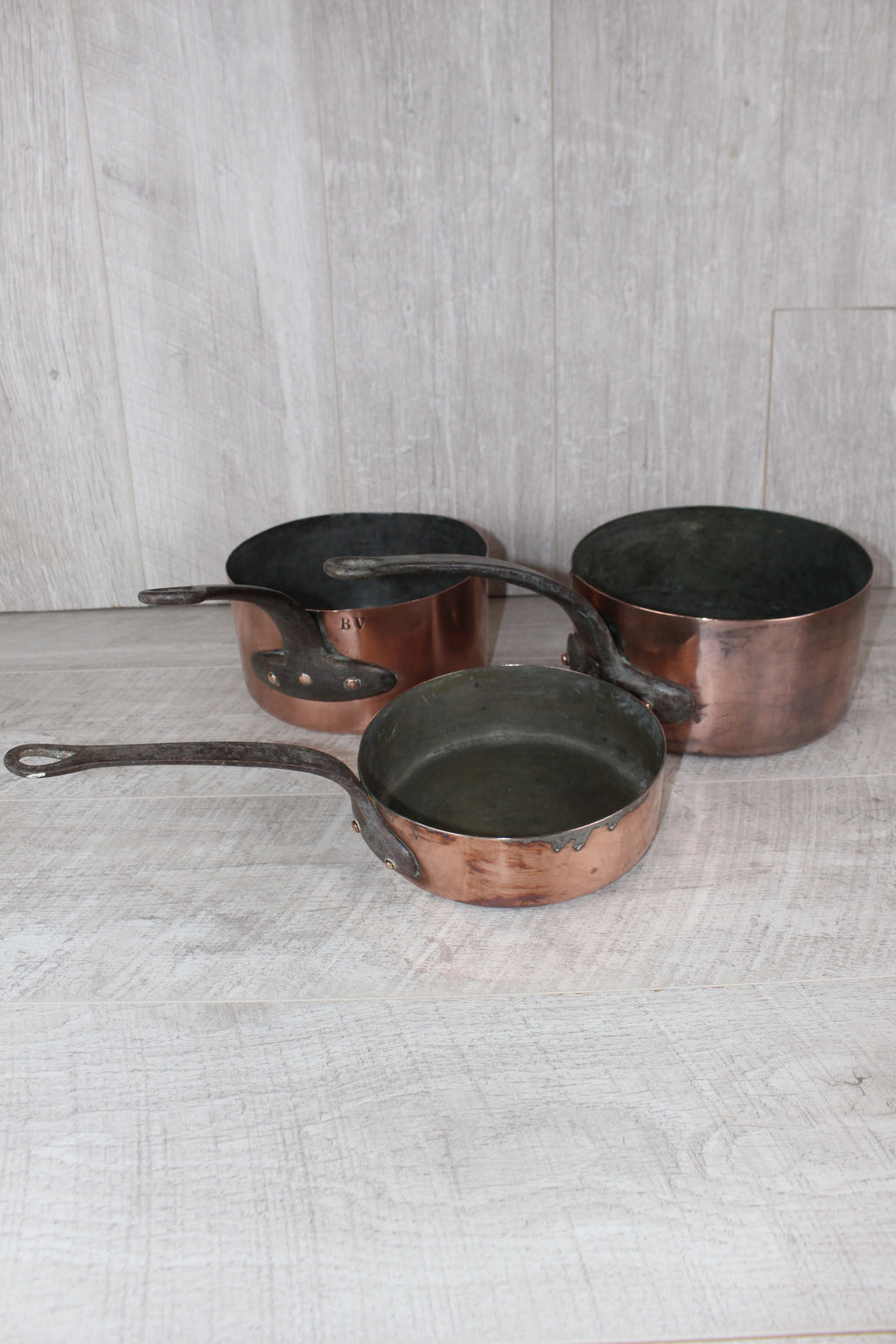 Antique French Copper Saucepan Set 3pc | Hand-Forged Wrought Iron Pigtail Handle