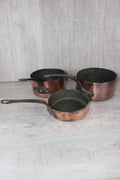 Antique French Copper Saucepan Set 3pc | Hand-Forged Wrought Iron Pigtail Handle