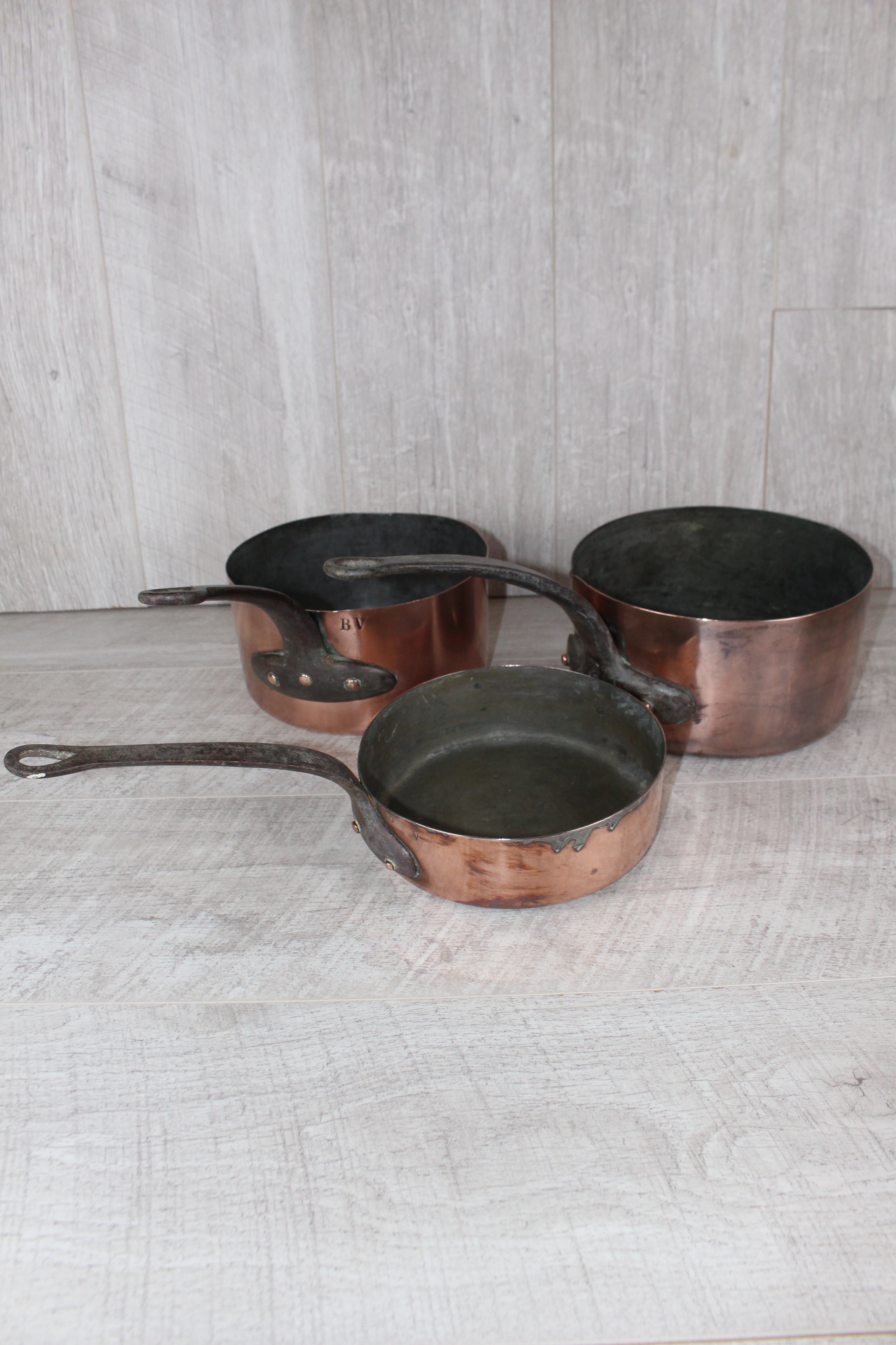 Antique French Copper Saucepan Set 3pc | Hand-Forged Wrought Iron Pigtail Handle