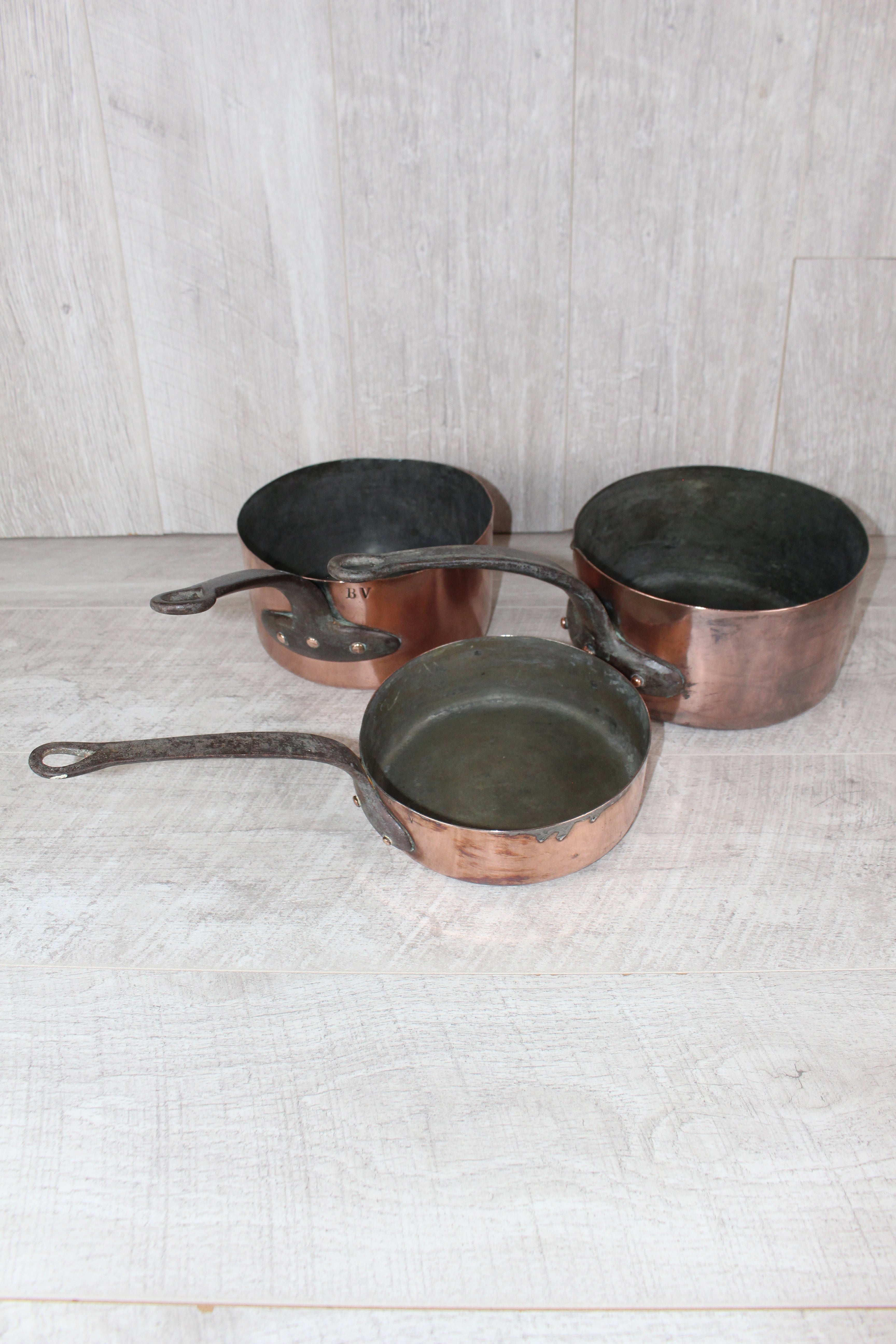Antique French Copper Saucepan Set 3pc | Hand-Forged Wrought Iron Pigtail Handle