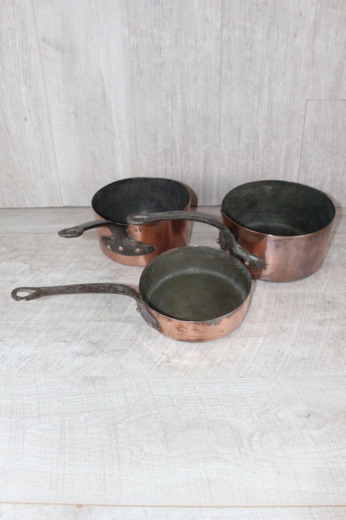 Antique French Copper Saucepan Set 3pc | Hand-Forged Wrought Iron Pigtail Handle