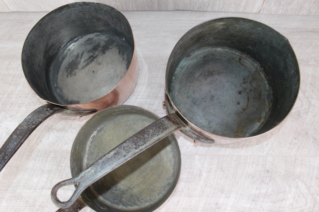 Antique French Copper Saucepan Set 3pc | Hand-Forged Wrought Iron Pigtail Handle