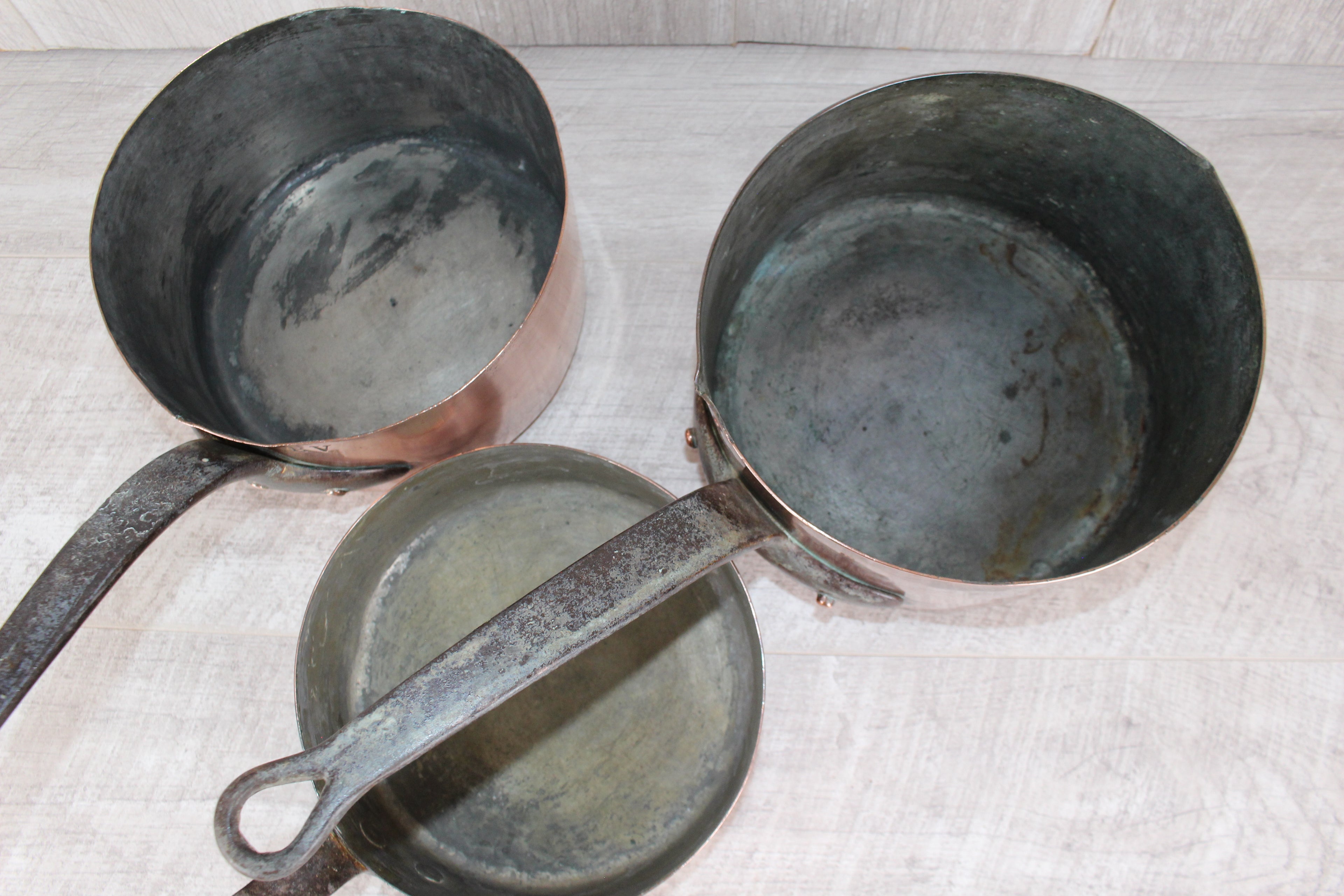 Antique French Copper Saucepan Set 3pc | Hand-Forged Wrought Iron Pigtail Handle