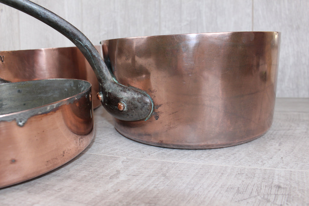Antique French Copper Saucepan Set 3pc | Hand-Forged Wrought Iron Pigtail Handle