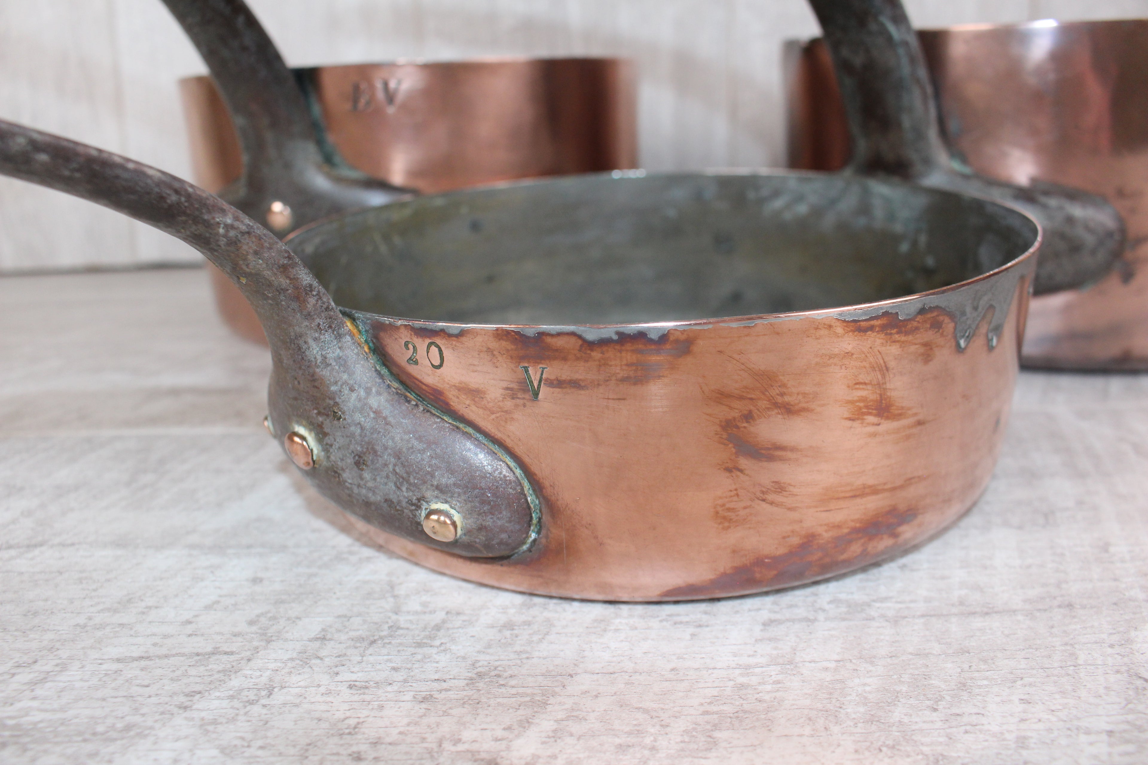 Antique French Copper Saucepan Set 3pc | Hand-Forged Wrought Iron Pigtail Handle