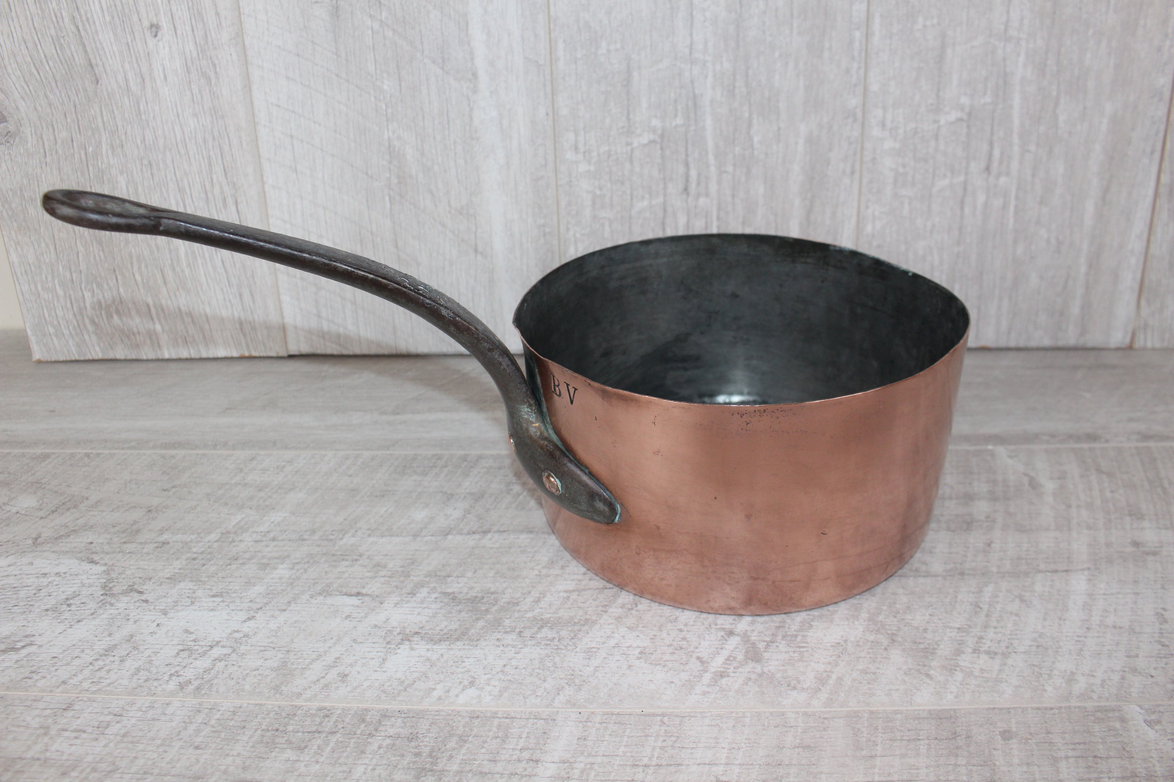 Antique French Copper Saucepan Set 3pc | Hand-Forged Wrought Iron Pigtail Handle