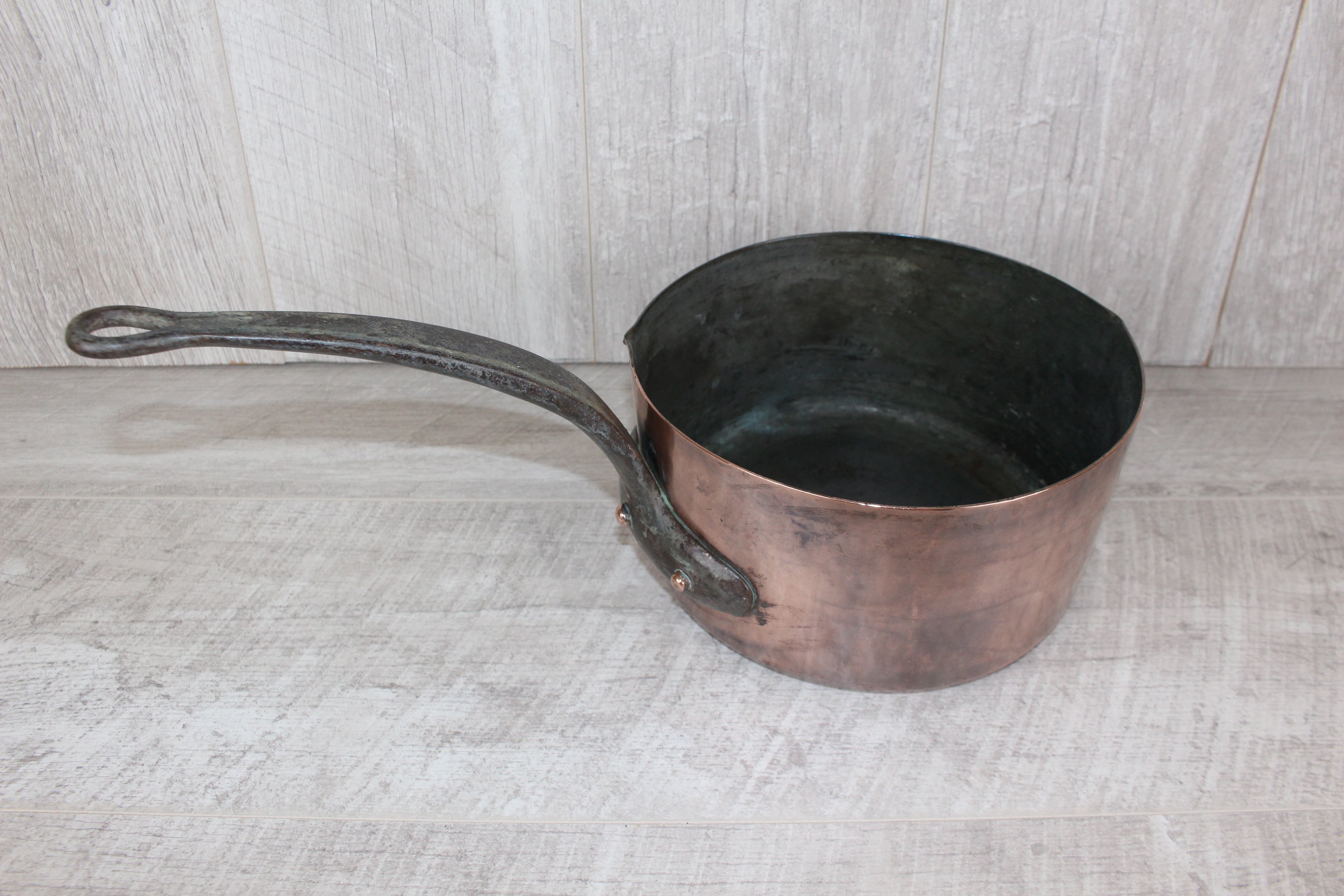 Antique French Copper Saucepan Set 3pc | Hand-Forged Wrought Iron Pigtail Handle