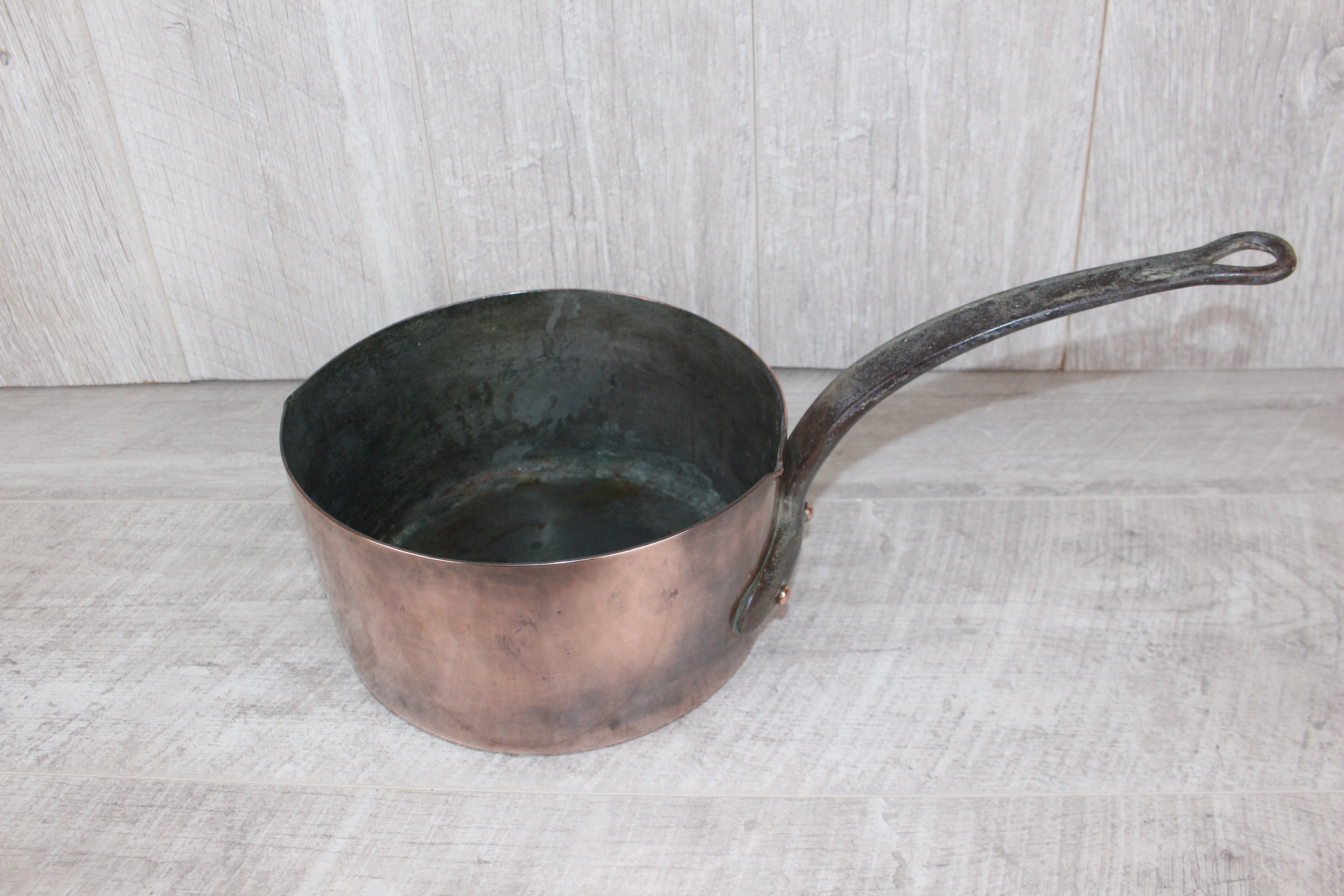 Antique French Copper Saucepan Set 3pc | Hand-Forged Wrought Iron Pigtail Handle