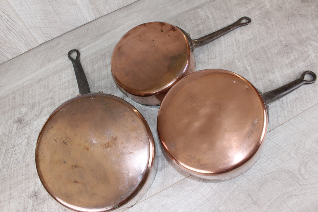 Antique French Copper Saucepan Set 3pc | Hand-Forged Wrought Iron Pigtail Handle