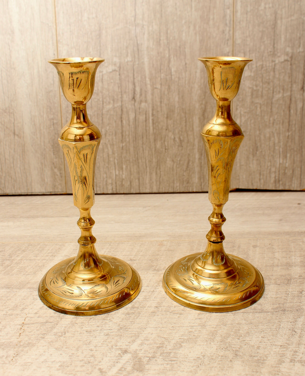 Vintage Hand-Engraved Indian Brass Candlesticks - Pair - 6.5 Inch
