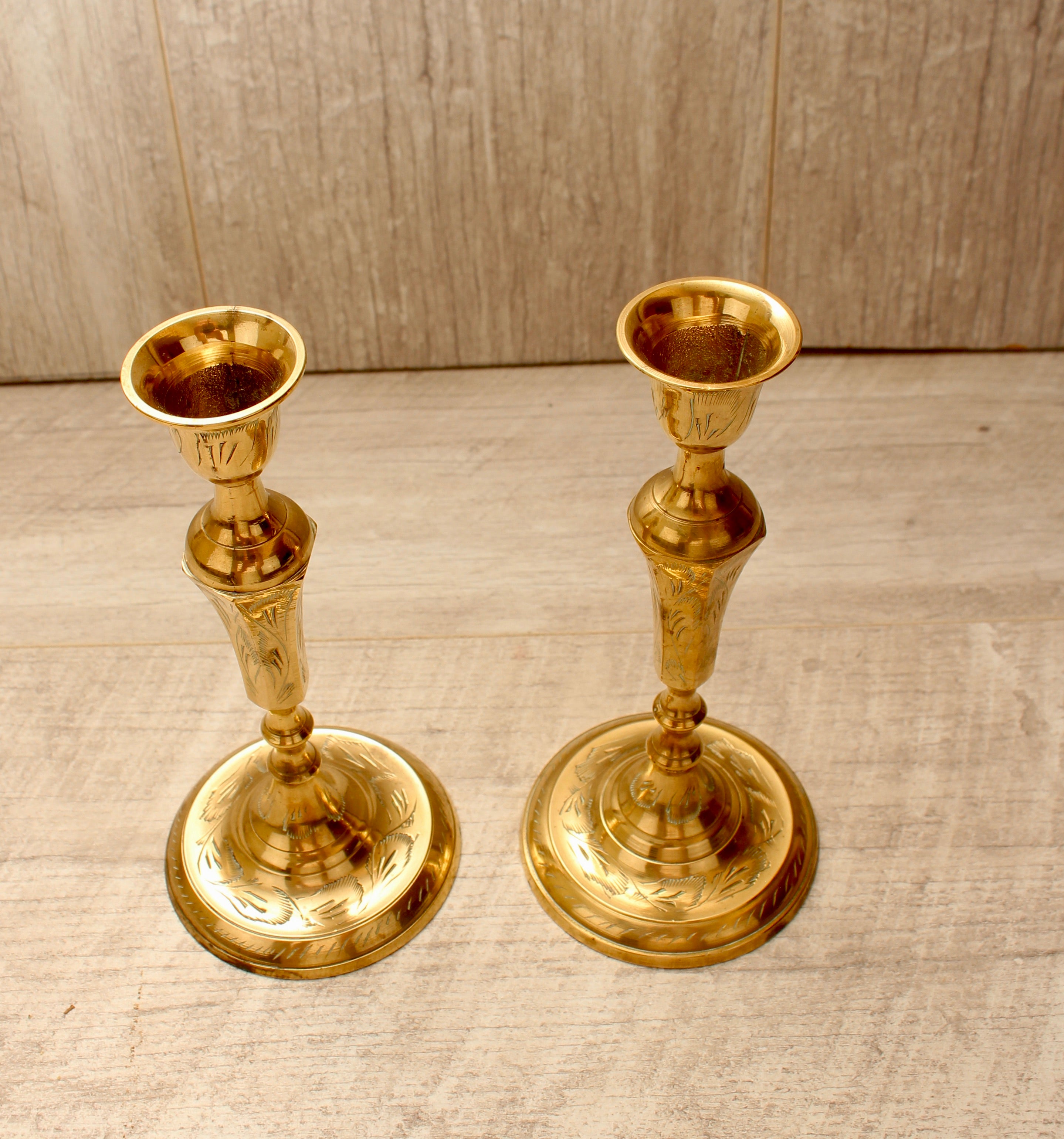 Vintage Hand-Engraved Indian Brass Candlesticks - Pair - 6.5 Inch