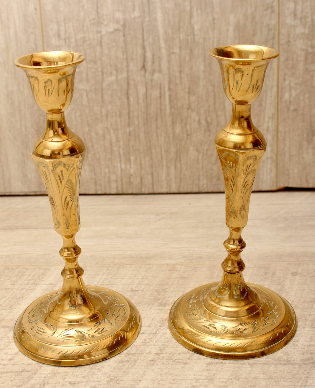 Vintage Hand-Engraved Indian Brass Candlesticks - Pair - 6.5 Inch