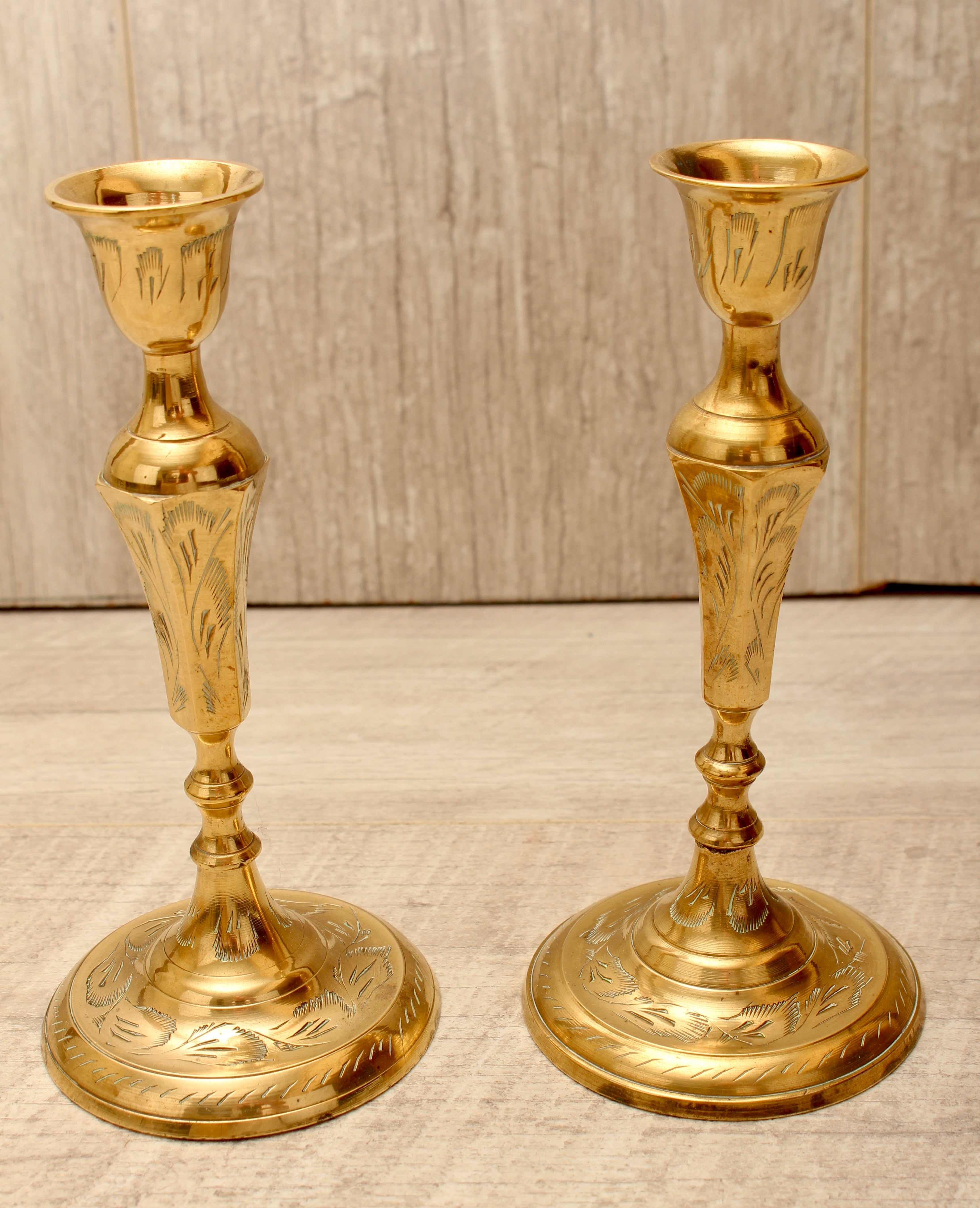 Vintage Hand-Engraved Indian Brass Candlesticks - Pair - 6.5 Inch