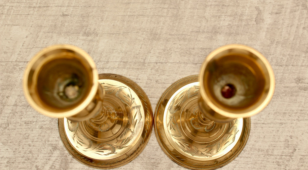 Vintage Hand-Engraved Indian Brass Candlesticks - Pair - 6.5 Inch