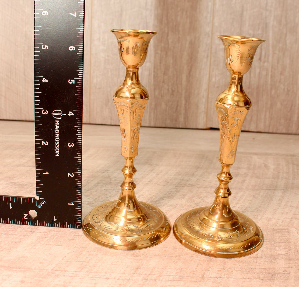 Vintage Hand-Engraved Indian Brass Candlesticks - Pair - 6.5 Inch