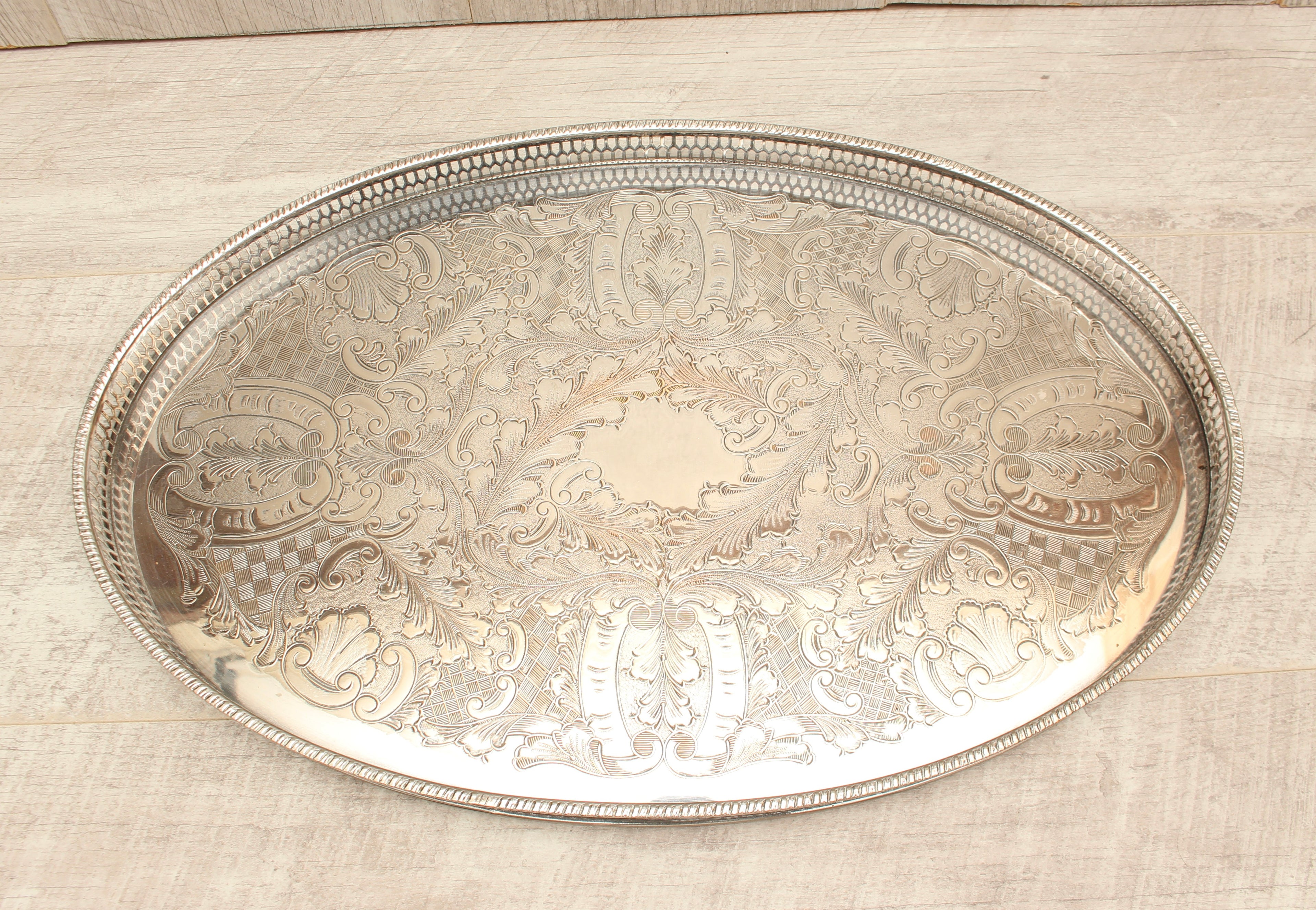Vintage Viners of Sheffield Alpha Plate Chased Oval Gallery Tray