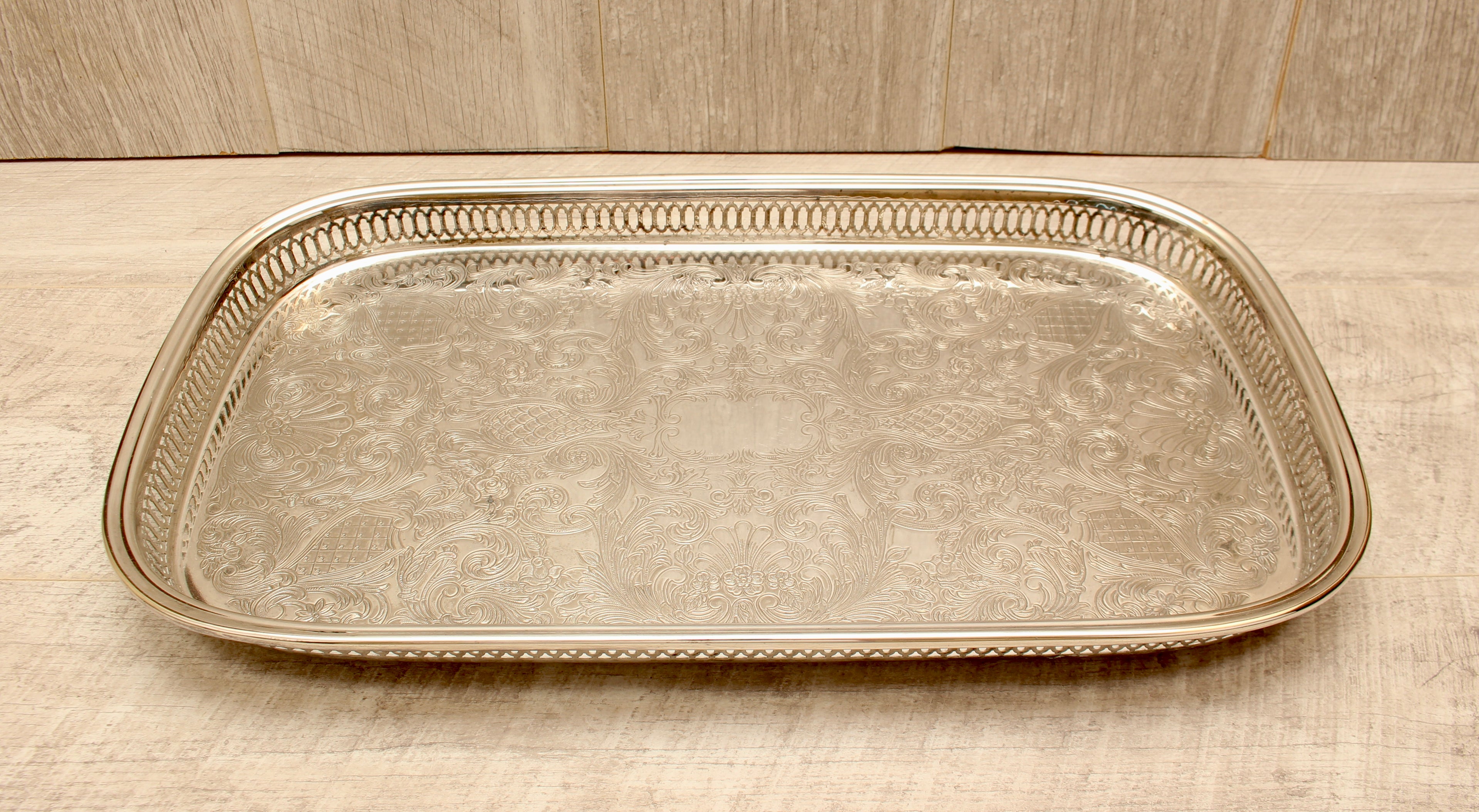 Vintage Oneida USA Silver Plated Chased Rectangular Gallery Tray