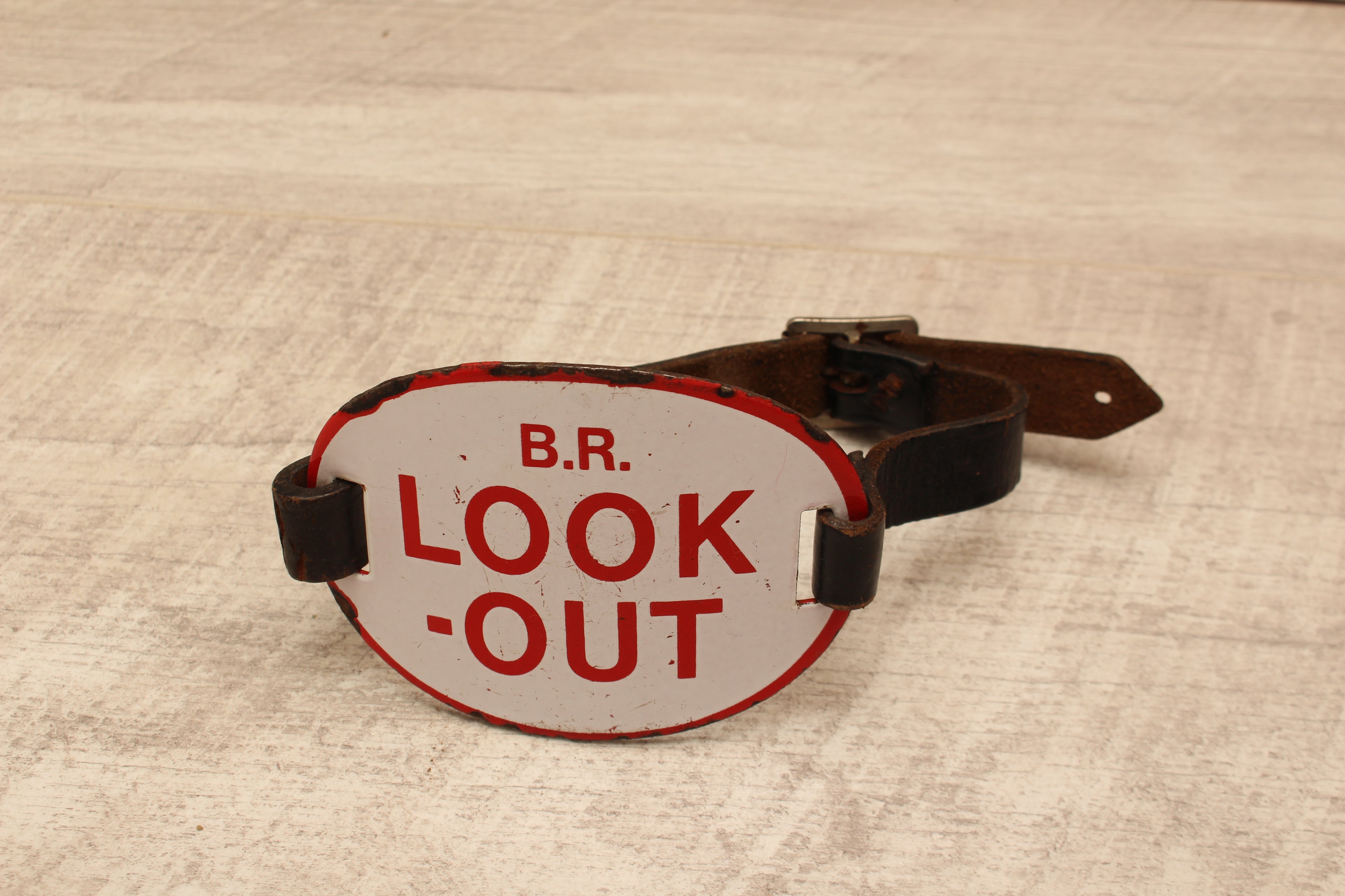 Authentic Vintage British Railways Enamel Track "Look-Out" Safety Armband – Complete with Original Leather Strap
