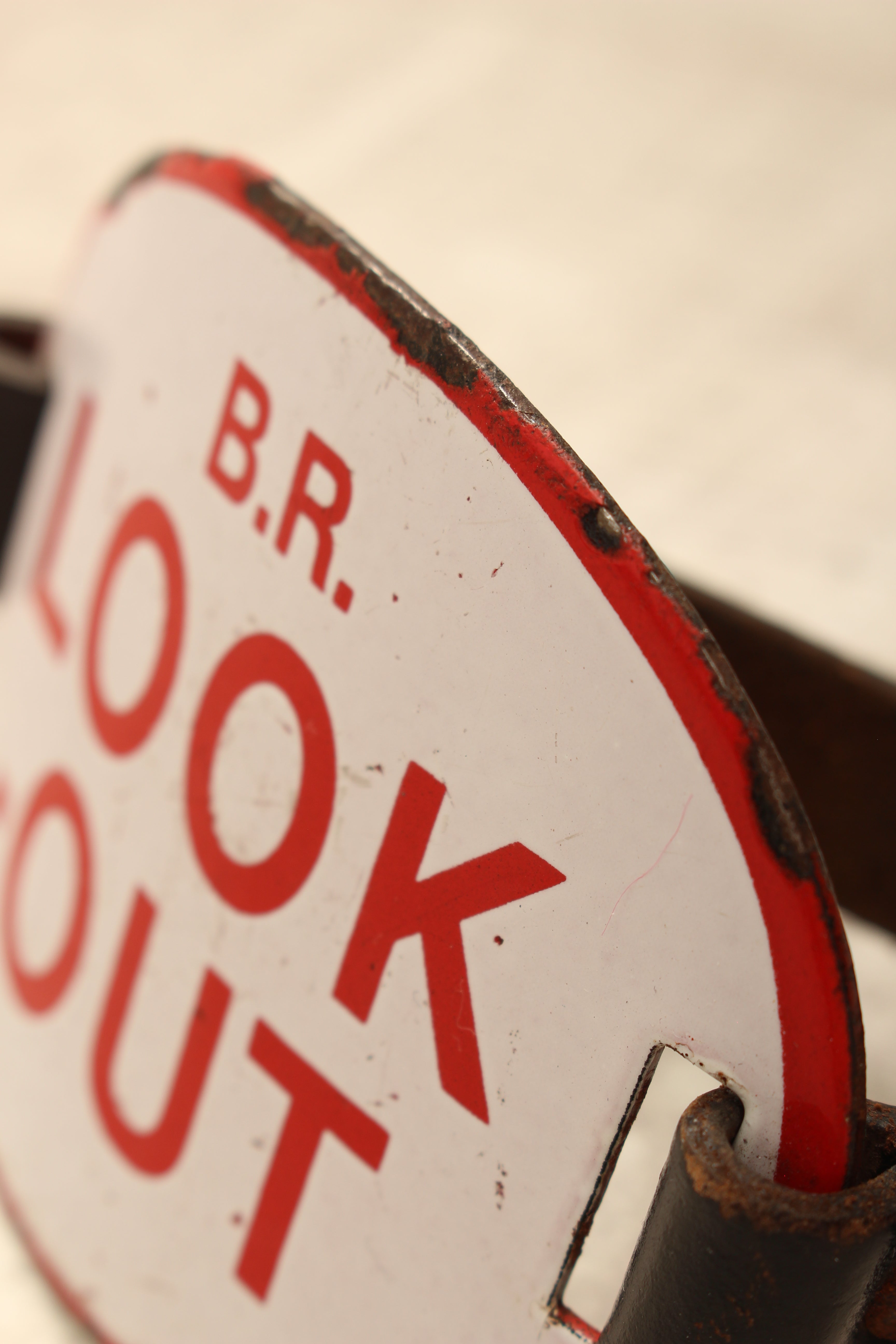 Authentic Vintage British Railways Enamel Track "Look-Out" Safety Armband – Complete with Original Leather Strap