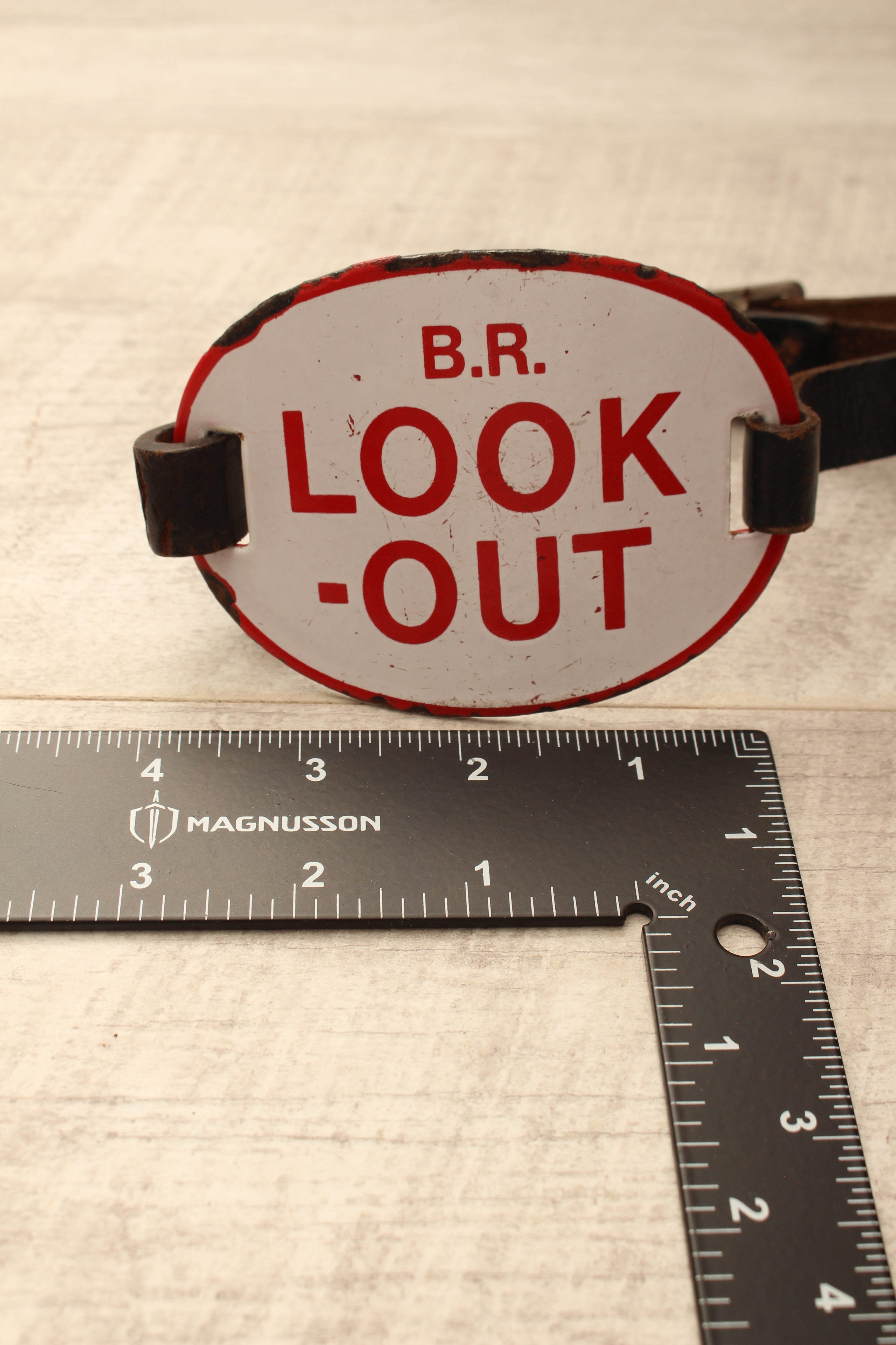 Authentic Vintage British Railways Enamel Track "Look-Out" Safety Armband – Complete with Original Leather Strap