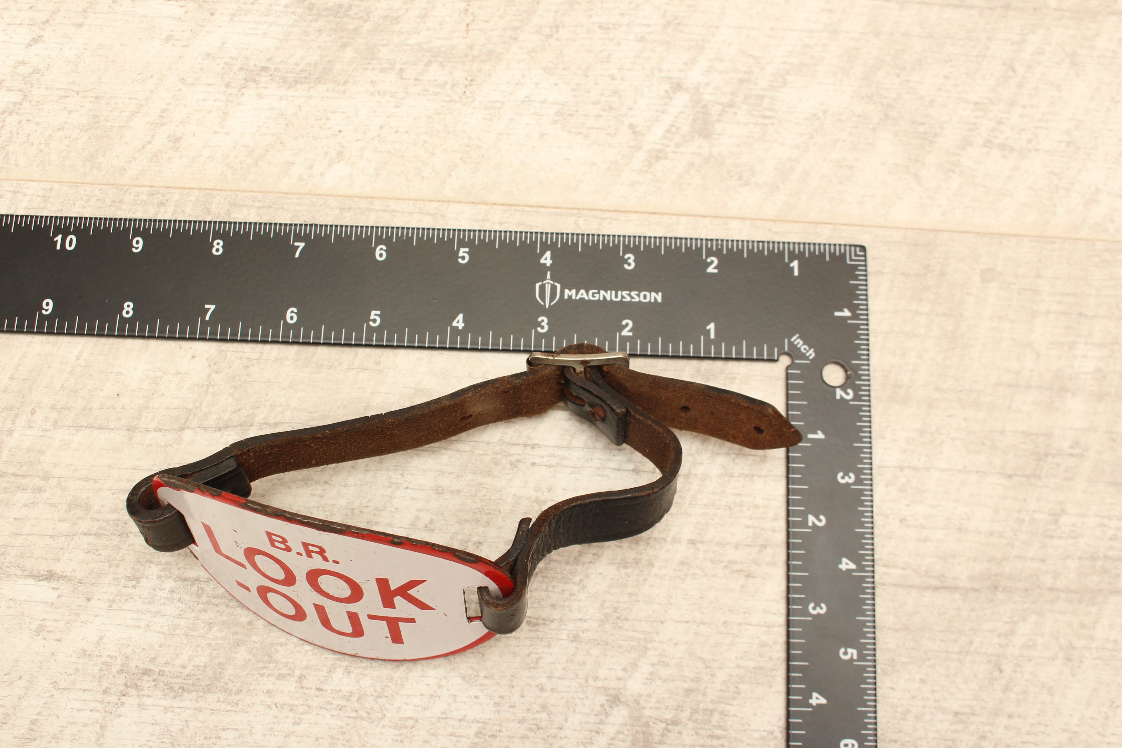Authentic Vintage British Railways Enamel Track "Look-Out" Safety Armband – Complete with Original Leather Strap