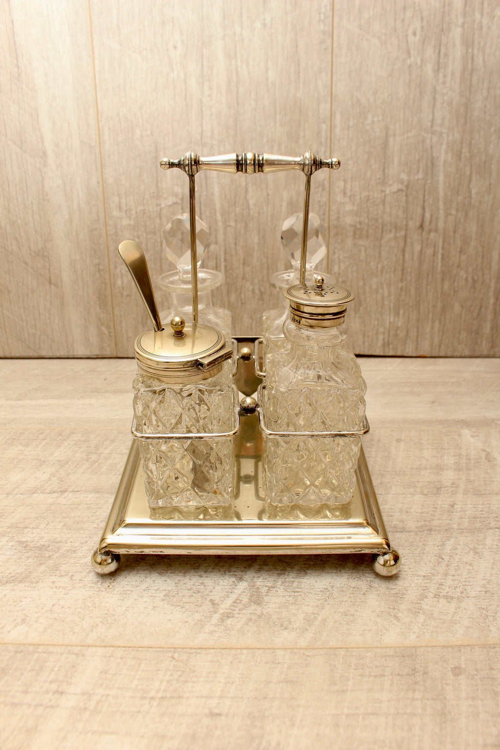 Antique J.G. Graves Sheffield EPNS Silver Plated 4-Bottle Cruet Condiment Set – Complete with Original Stamped Spoon