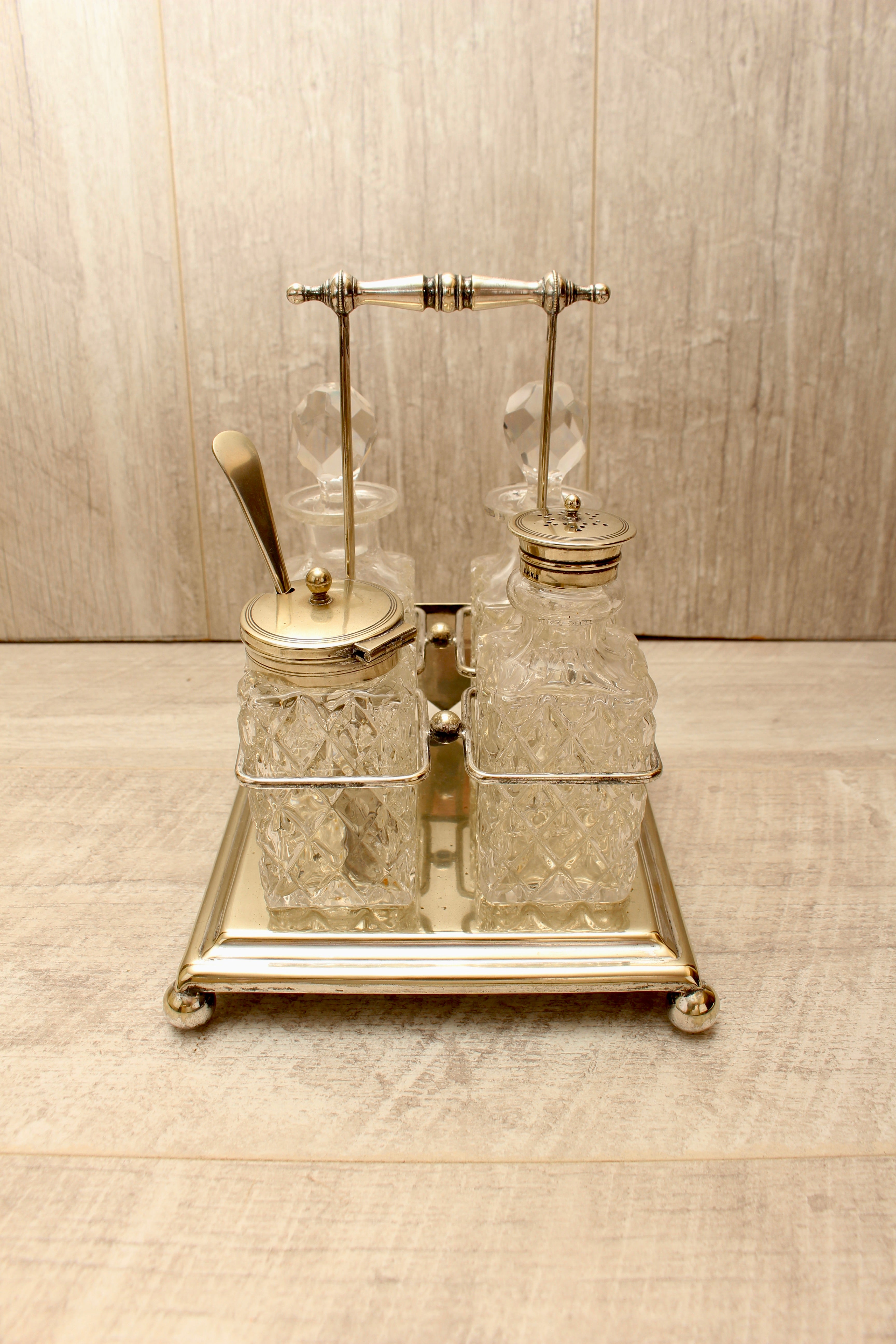 Antique J.G. Graves Sheffield EPNS Silver Plated 4-Bottle Cruet Condiment Set – Complete with Original Stamped Spoon