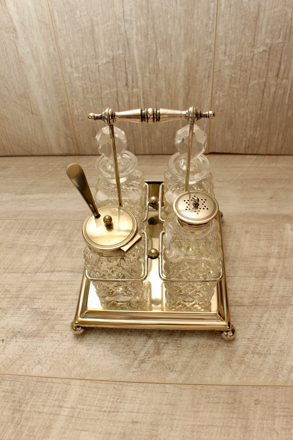 Antique J.G. Graves Sheffield EPNS Silver Plated 4-Bottle Cruet Condiment Set – Complete with Original Stamped Spoon