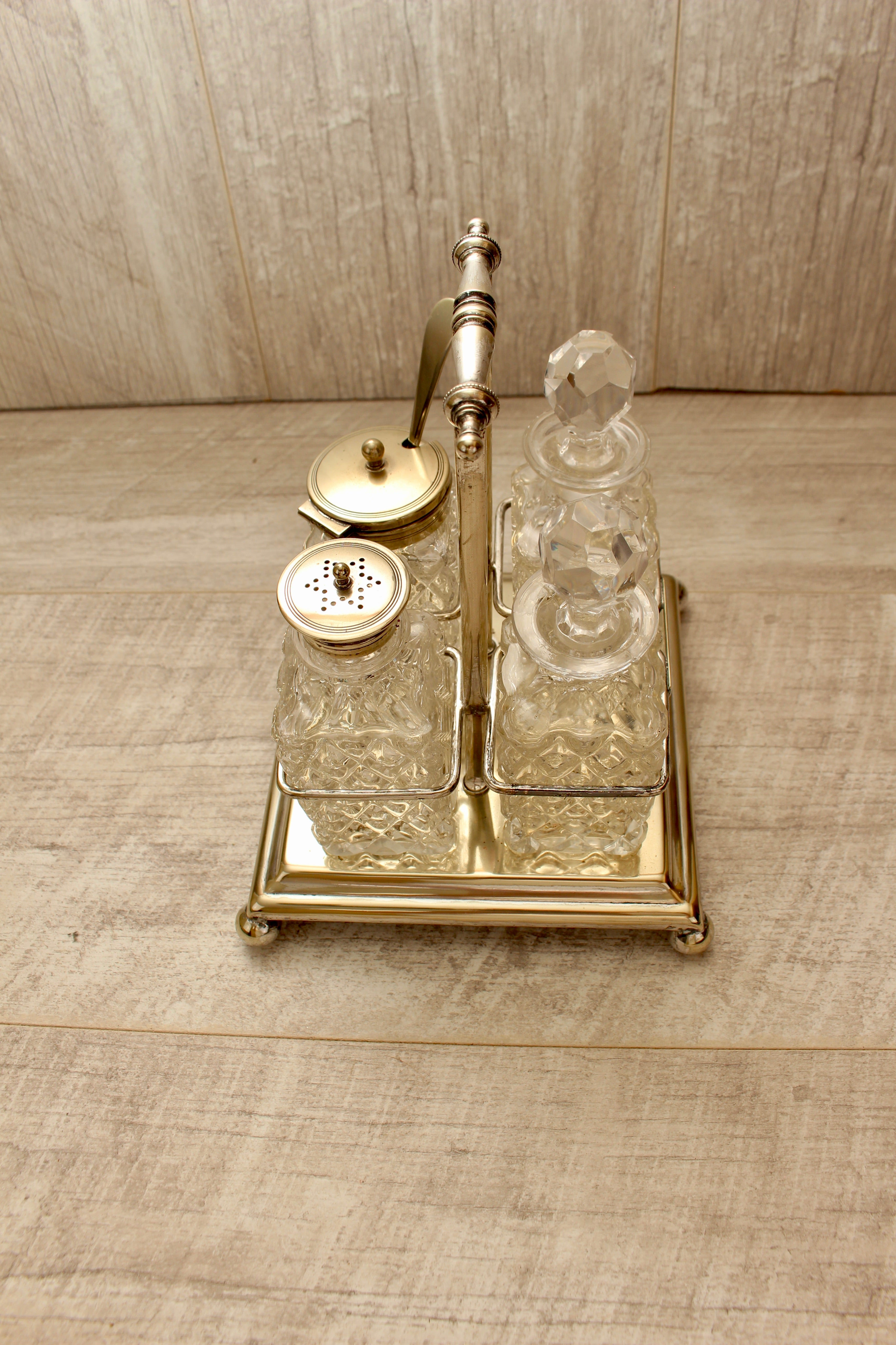 Antique J.G. Graves Sheffield EPNS Silver Plated 4-Bottle Cruet Condiment Set – Complete with Original Stamped Spoon