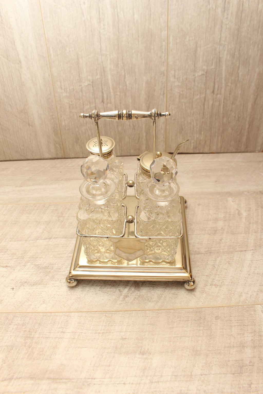 Antique J.G. Graves Sheffield EPNS Silver Plated 4-Bottle Cruet Condiment Set – Complete with Original Stamped Spoon