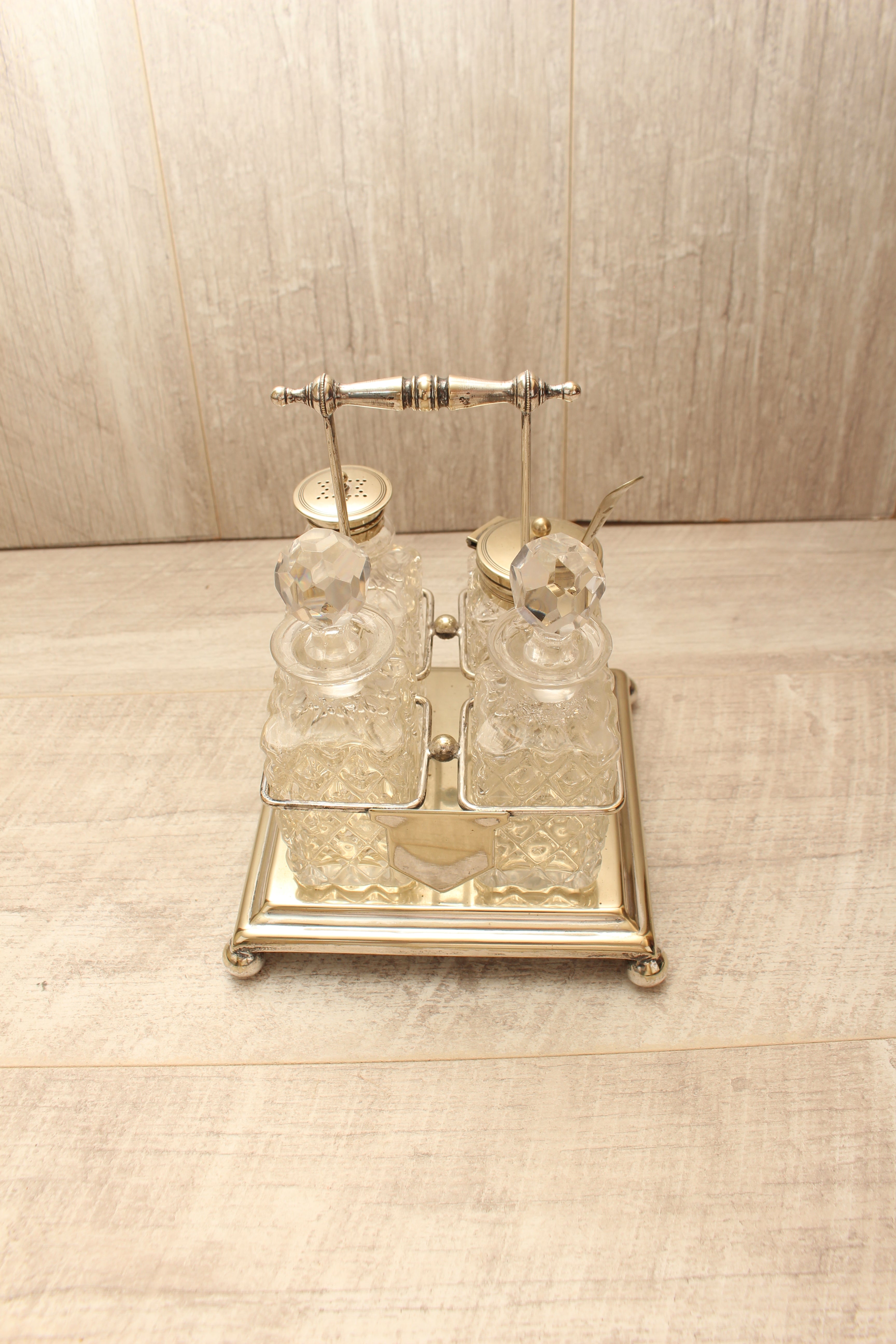 Antique J.G. Graves Sheffield EPNS Silver Plated 4-Bottle Cruet Condiment Set – Complete with Original Stamped Spoon