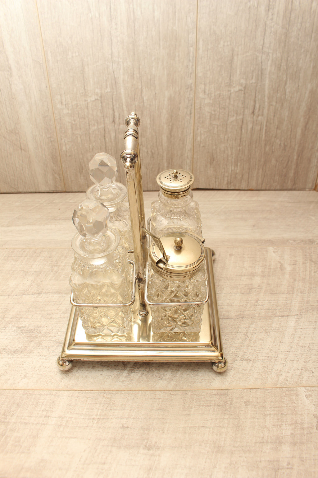 Antique J.G. Graves Sheffield EPNS Silver Plated 4-Bottle Cruet Condiment Set – Complete with Original Stamped Spoon
