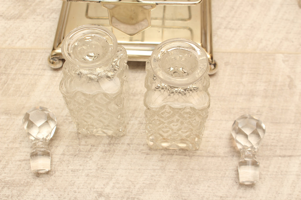 Antique J.G. Graves Sheffield EPNS Silver Plated 4-Bottle Cruet Condiment Set – Complete with Original Stamped Spoon