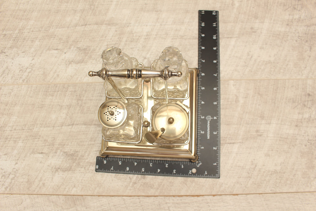 Antique J.G. Graves Sheffield EPNS Silver Plated 4-Bottle Cruet Condiment Set – Complete with Original Stamped Spoon