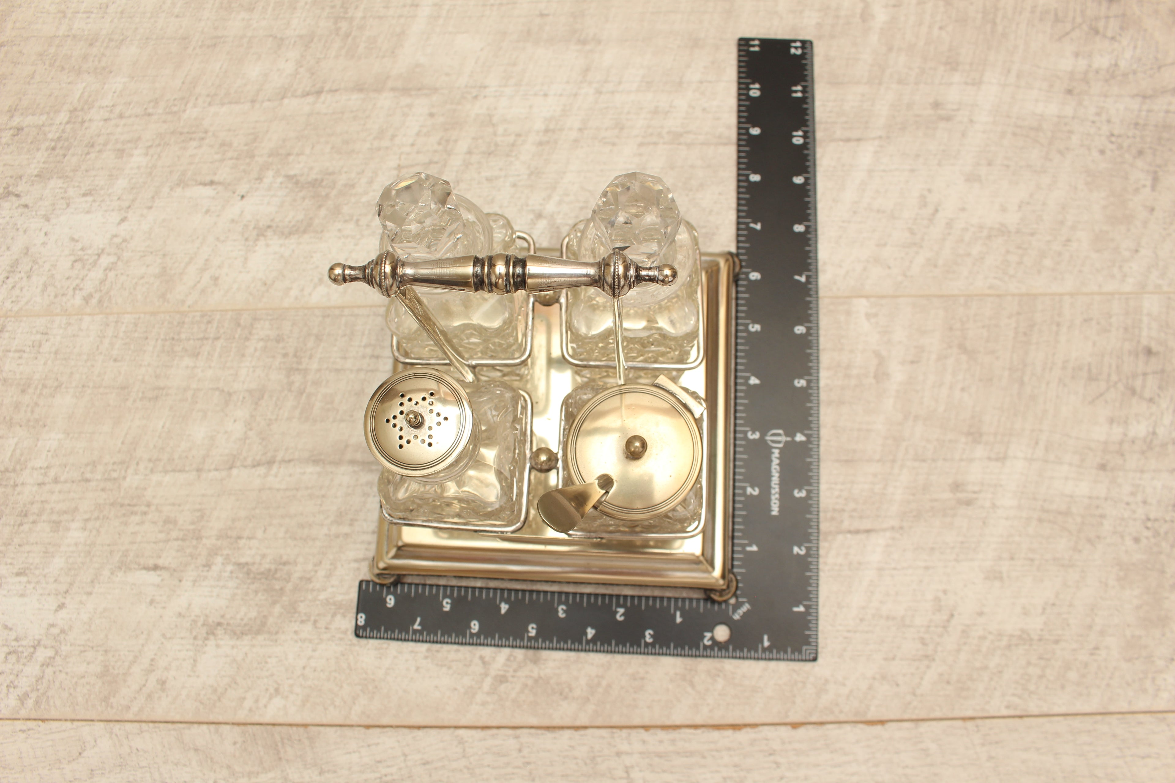Antique J.G. Graves Sheffield EPNS Silver Plated 4-Bottle Cruet Condiment Set – Complete with Original Stamped Spoon