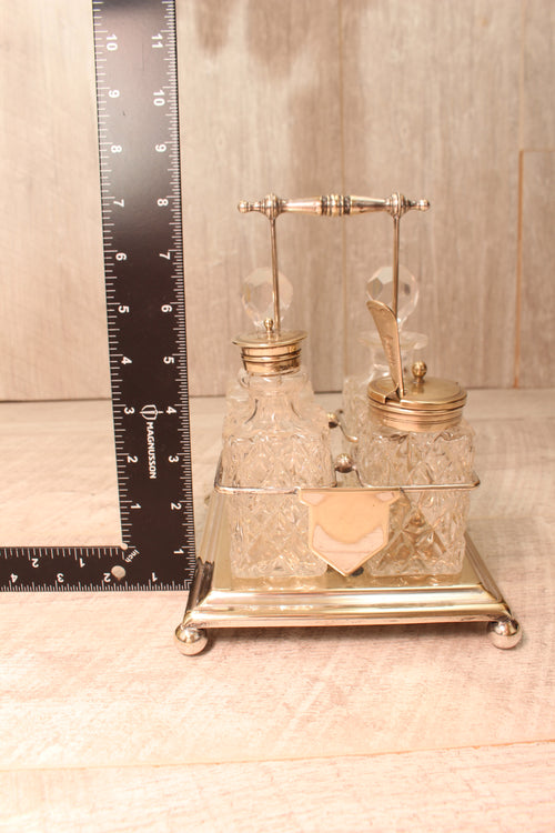 Antique J.G. Graves Sheffield EPNS Silver Plated 4-Bottle Cruet Condiment Set – Complete with Original Stamped Spoon