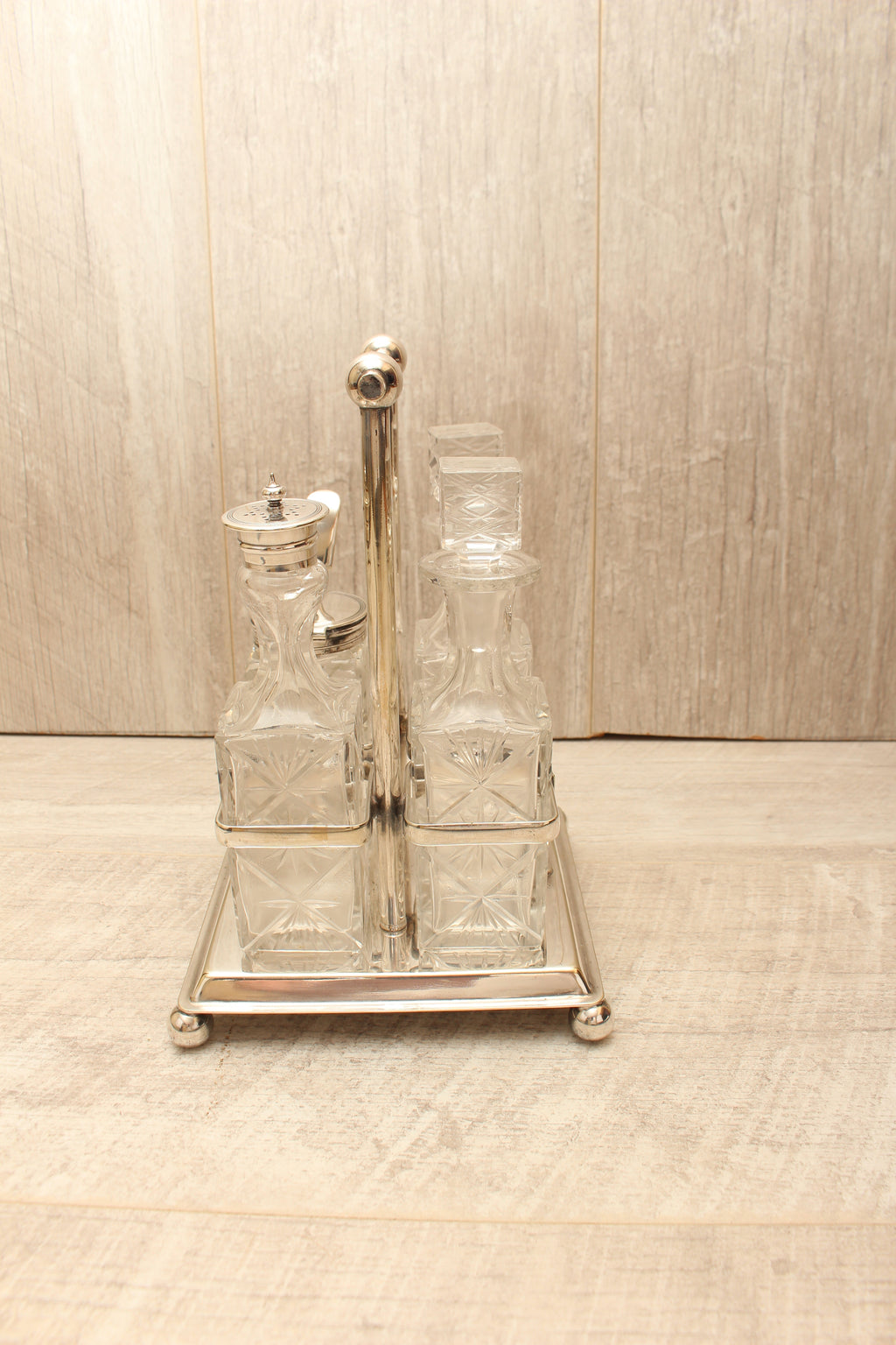 Antique Victorian Goldsmiths Alliance EPNS 4-Bottle Cruet Condiment Set – Ornate Starburst Glass