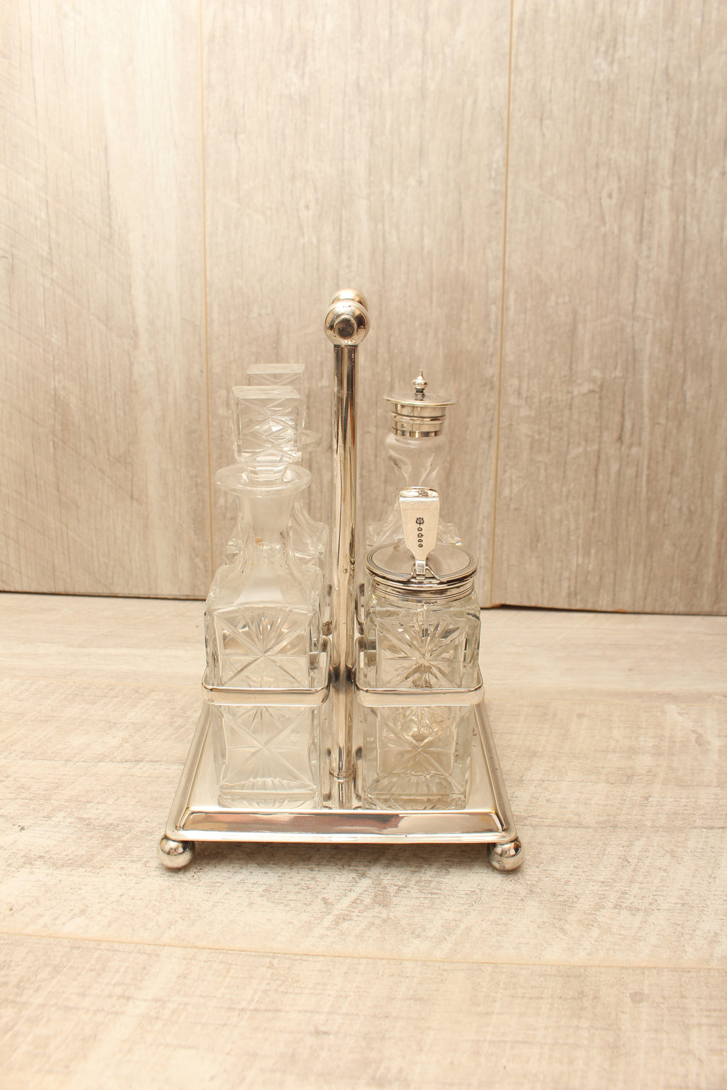 Antique Victorian Goldsmiths Alliance EPNS 4-Bottle Cruet Condiment Set – Ornate Starburst Glass